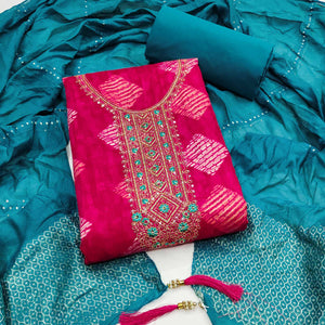 Chic Pink Geometric Print Cotton Blend Dress Material With Stylish Floral Neck Embroidery