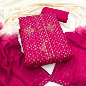 Pink Cotton Blend Dress Material Adorned With Exquisite Floral Embroidery & Sparkling Stonework