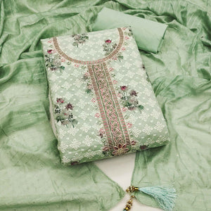 Green Pure Cotton Dress Material Featuring Elegant Floral Embroidery With Shimmering Sequins