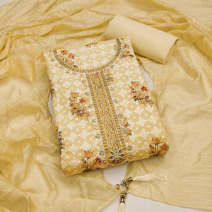 Light Yellow Pure Cotton Dress Material Featuring Elegant Floral Embroidery With Shimmering Sequins
