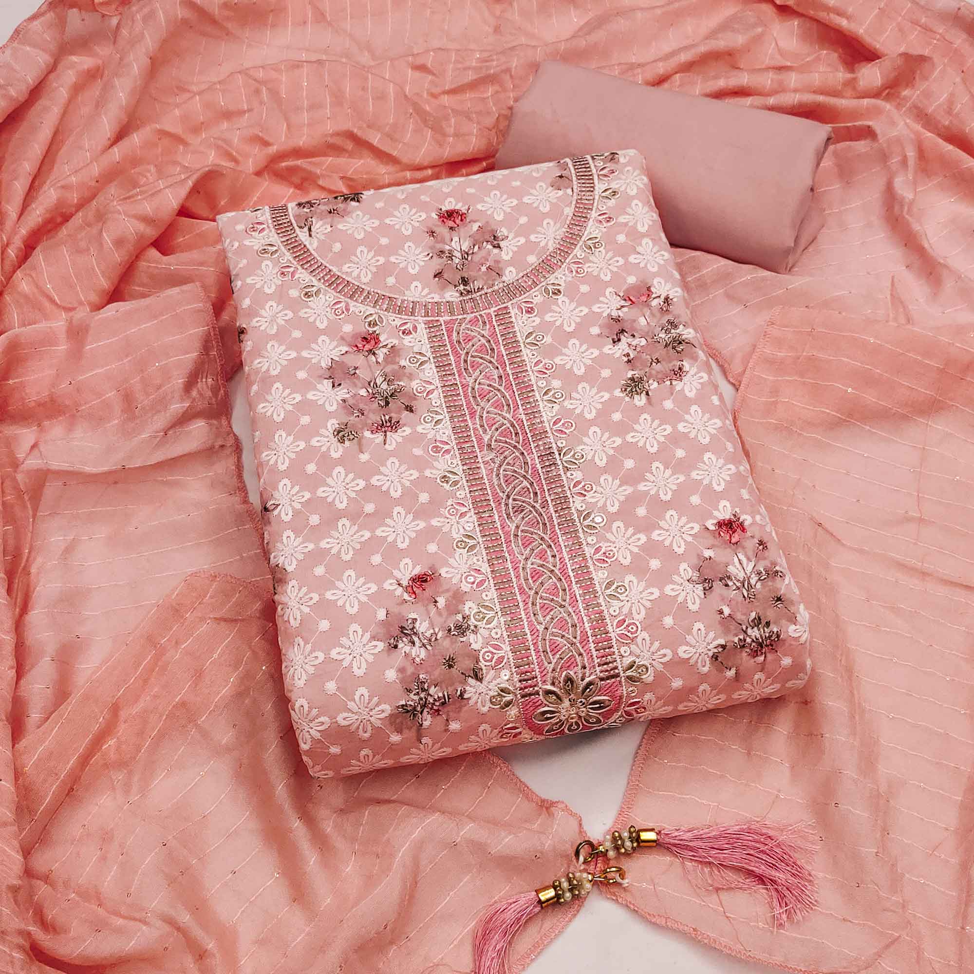 Pink Pure Cotton Dress Material Featuring Elegant Floral Embroidery With Shimmering Sequins