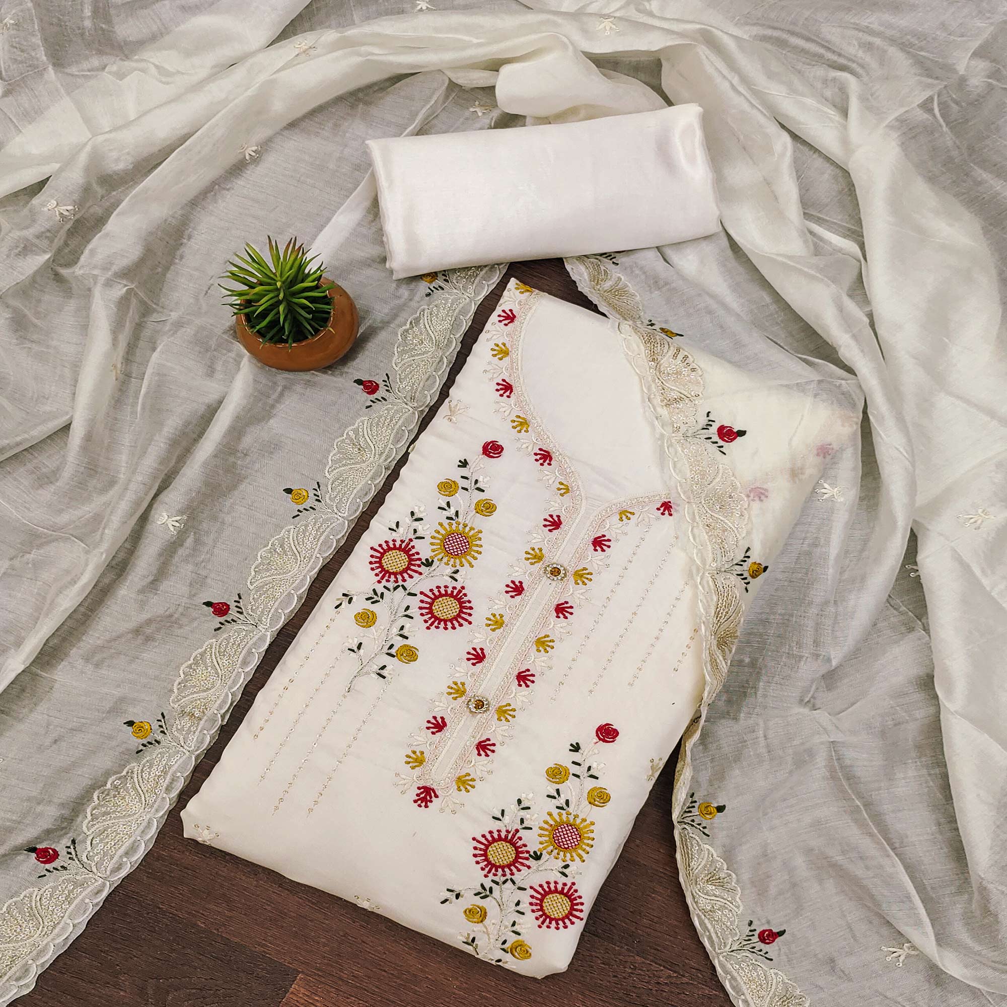 White Floral Embroidered Cotton Blend Dress Material