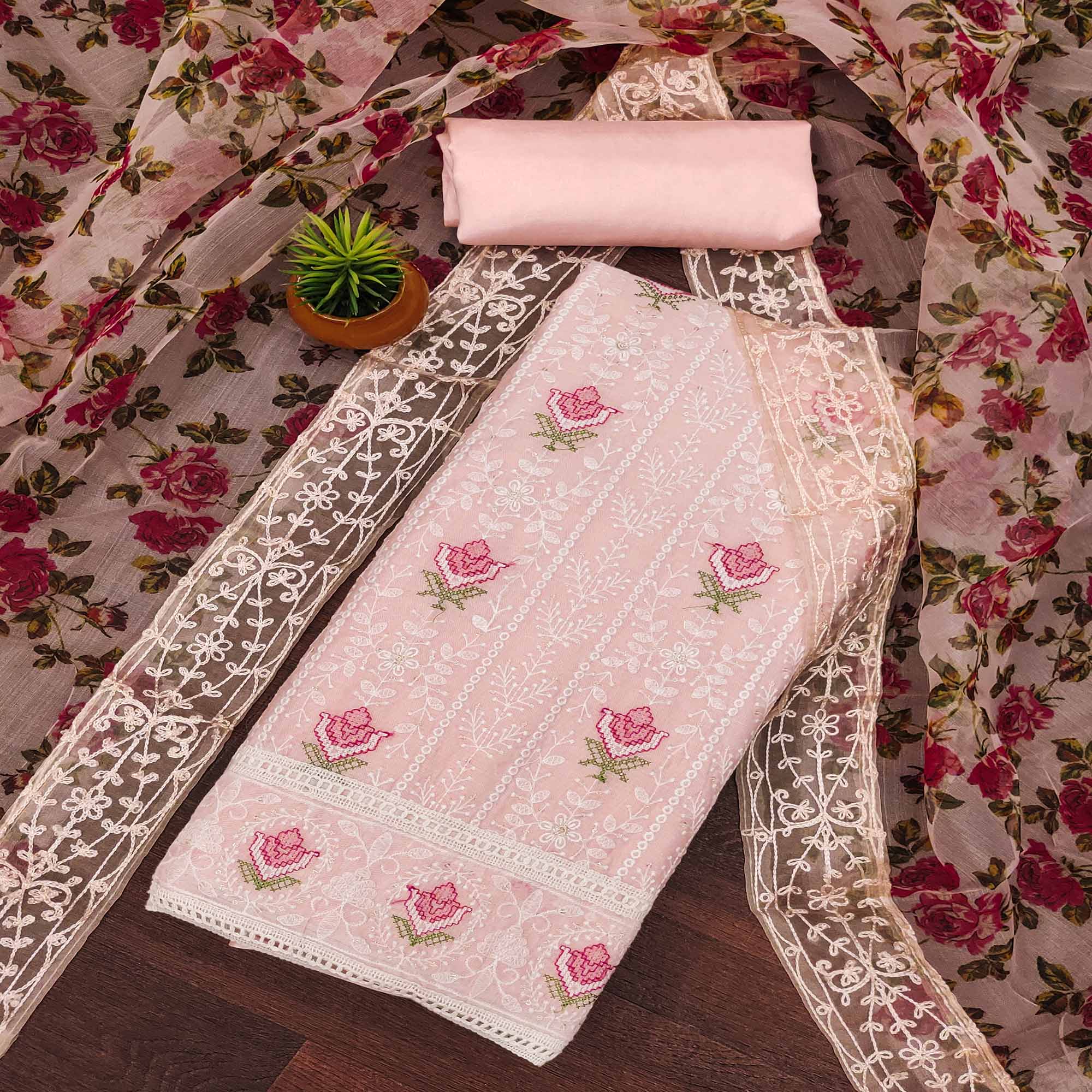 Peach Floral Embroidered Pure Cotton Dress Material