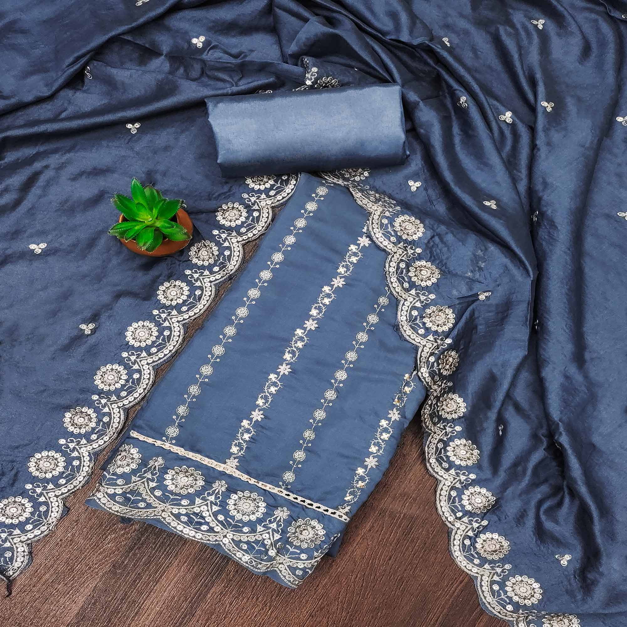 Blue Embroidered Pure Cotton Dress Material
