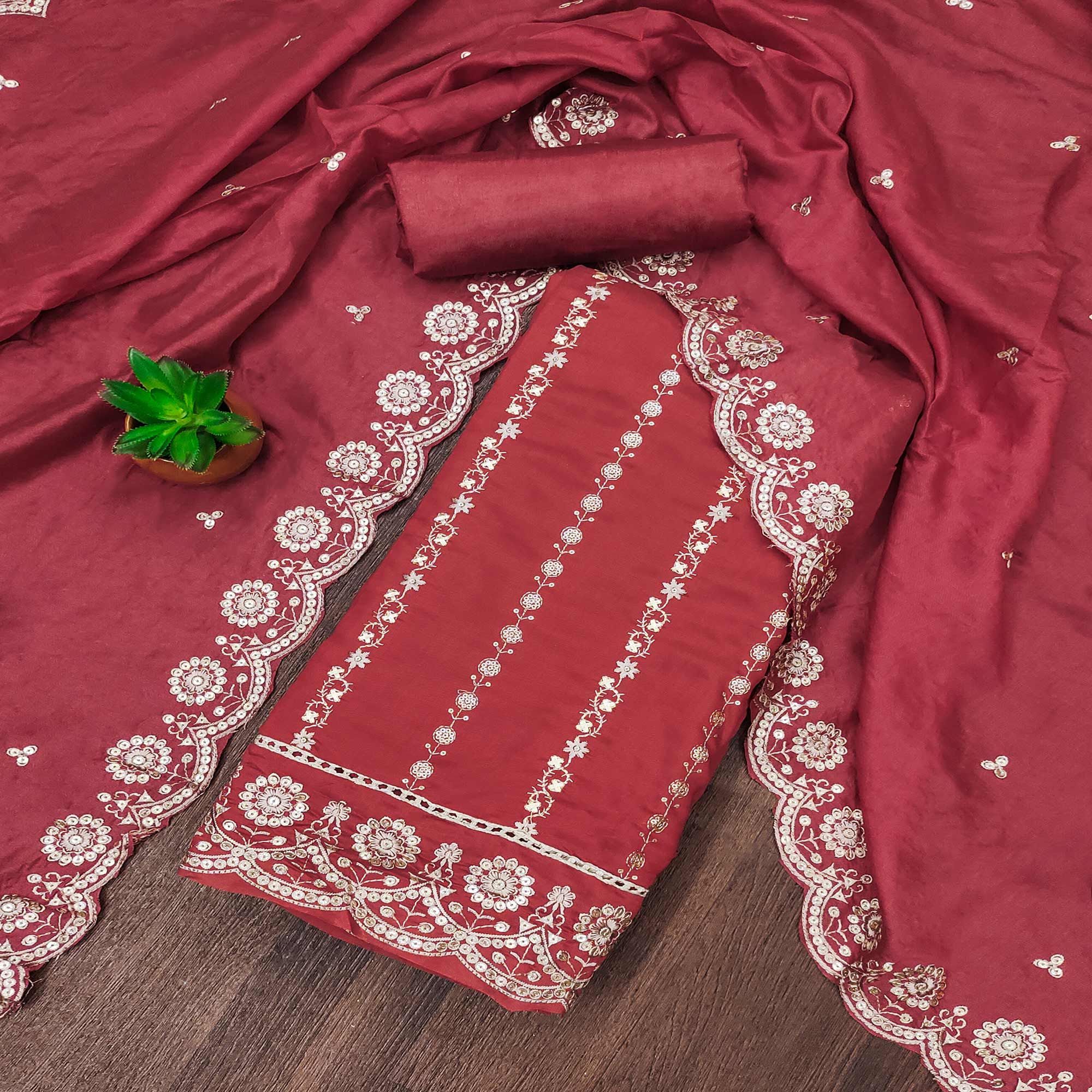 Maroon Embroidered Pure Cotton Dress Material