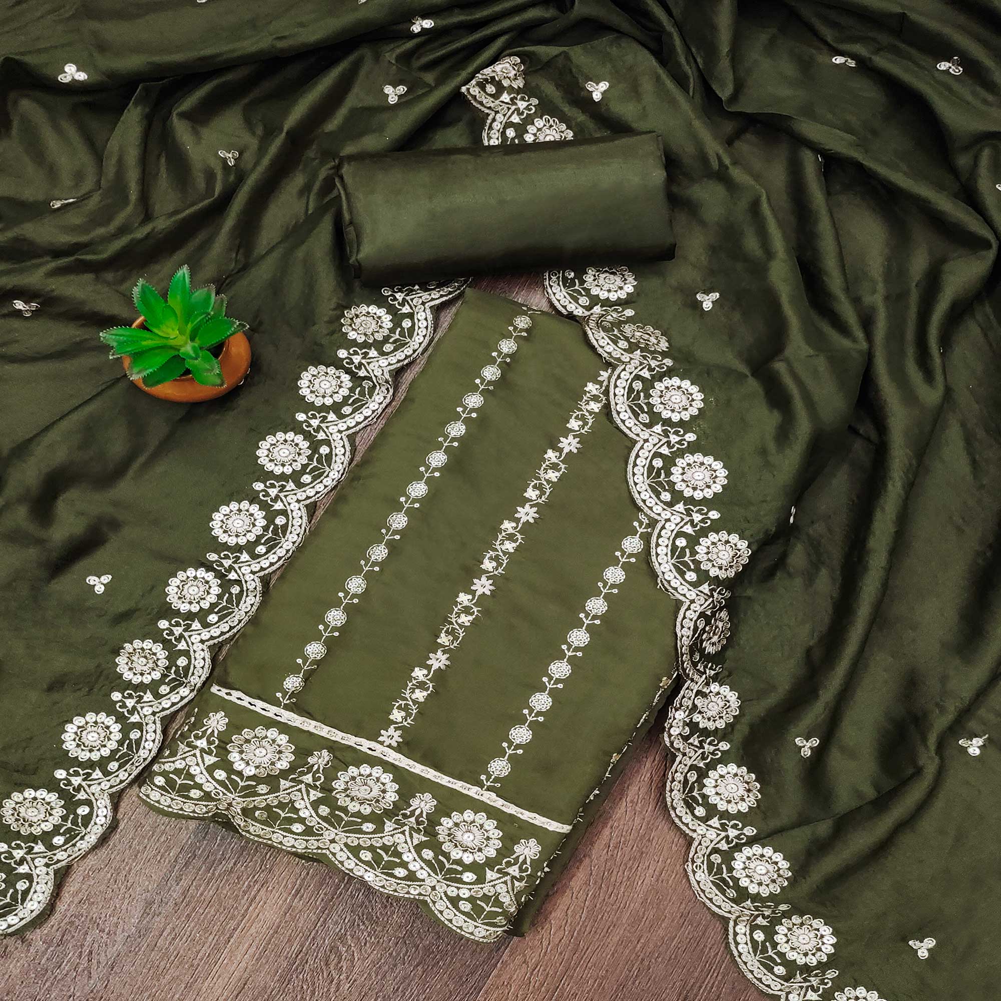 Mehandi Green Embroidered Pure Cotton Dress Material