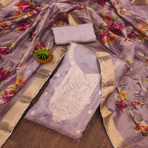 Purple Floral Woven With Stonework Organza Dress Material