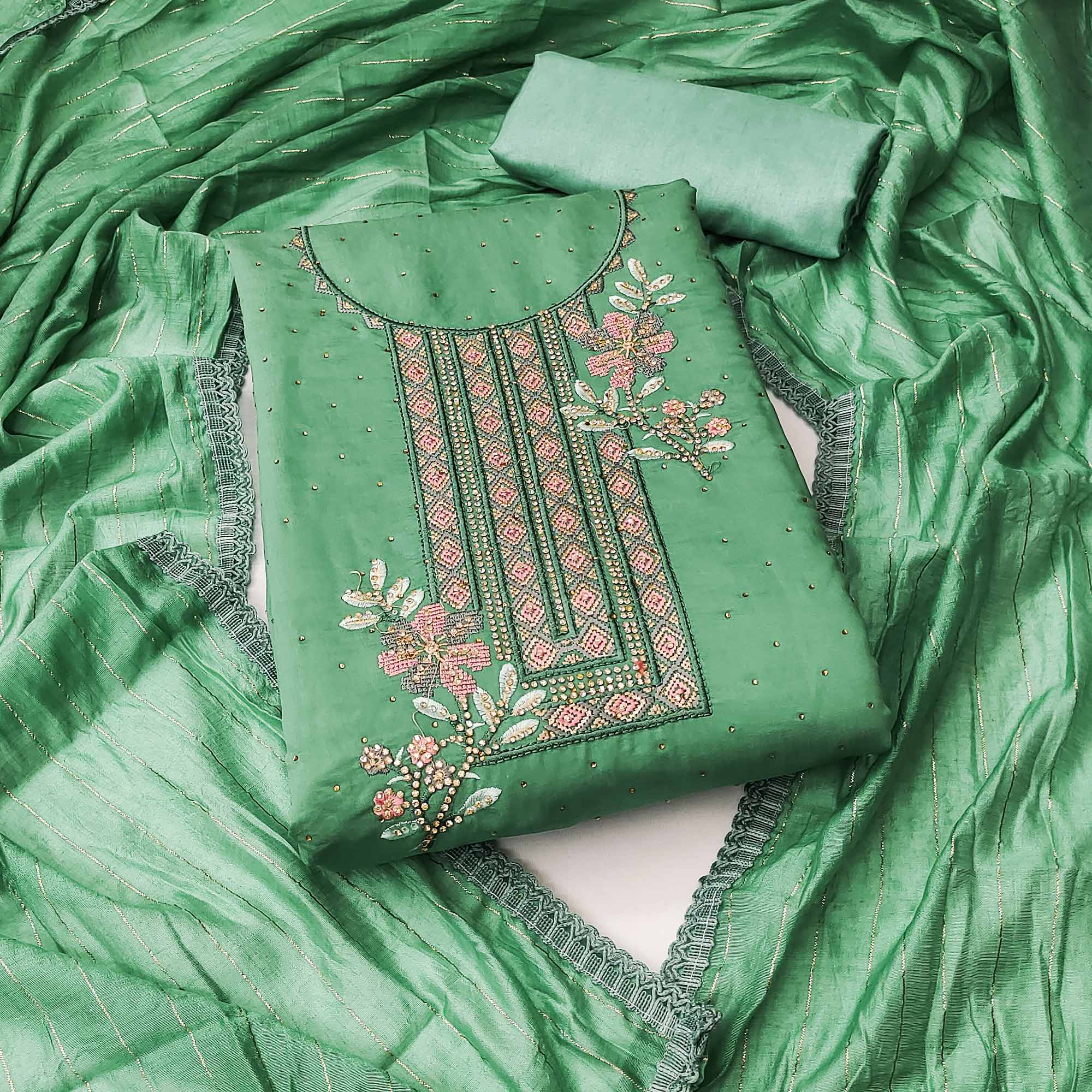 Green Floral Embroidery With Stonework Chanderi Silk Dress Material