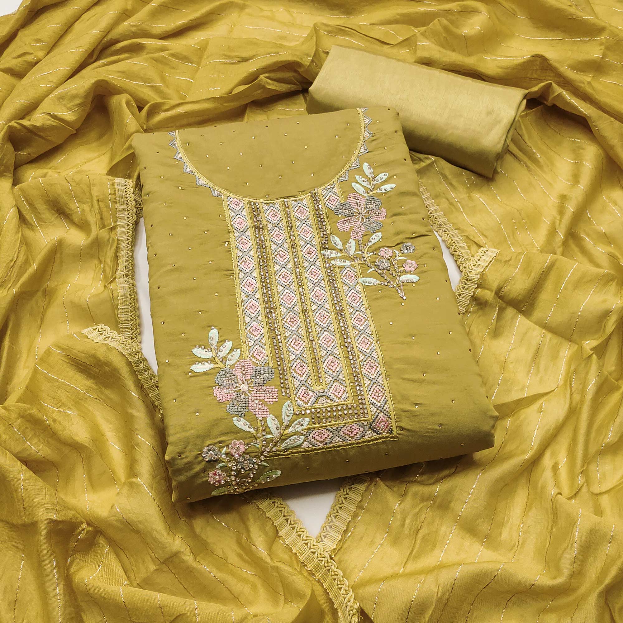 Light Mustard Floral Embroidery With Stonework Chanderi Silk Dress Material