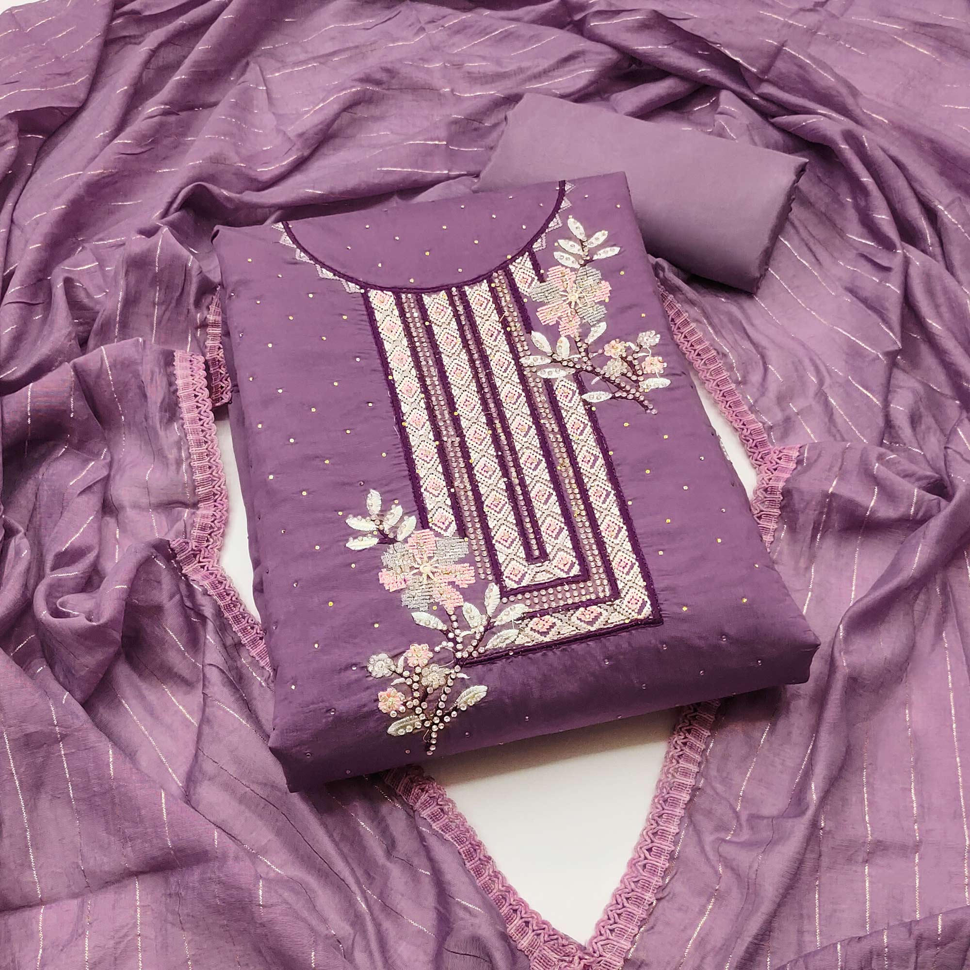 Purple Floral Embroidery With Stonework Chanderi Silk Dress Material