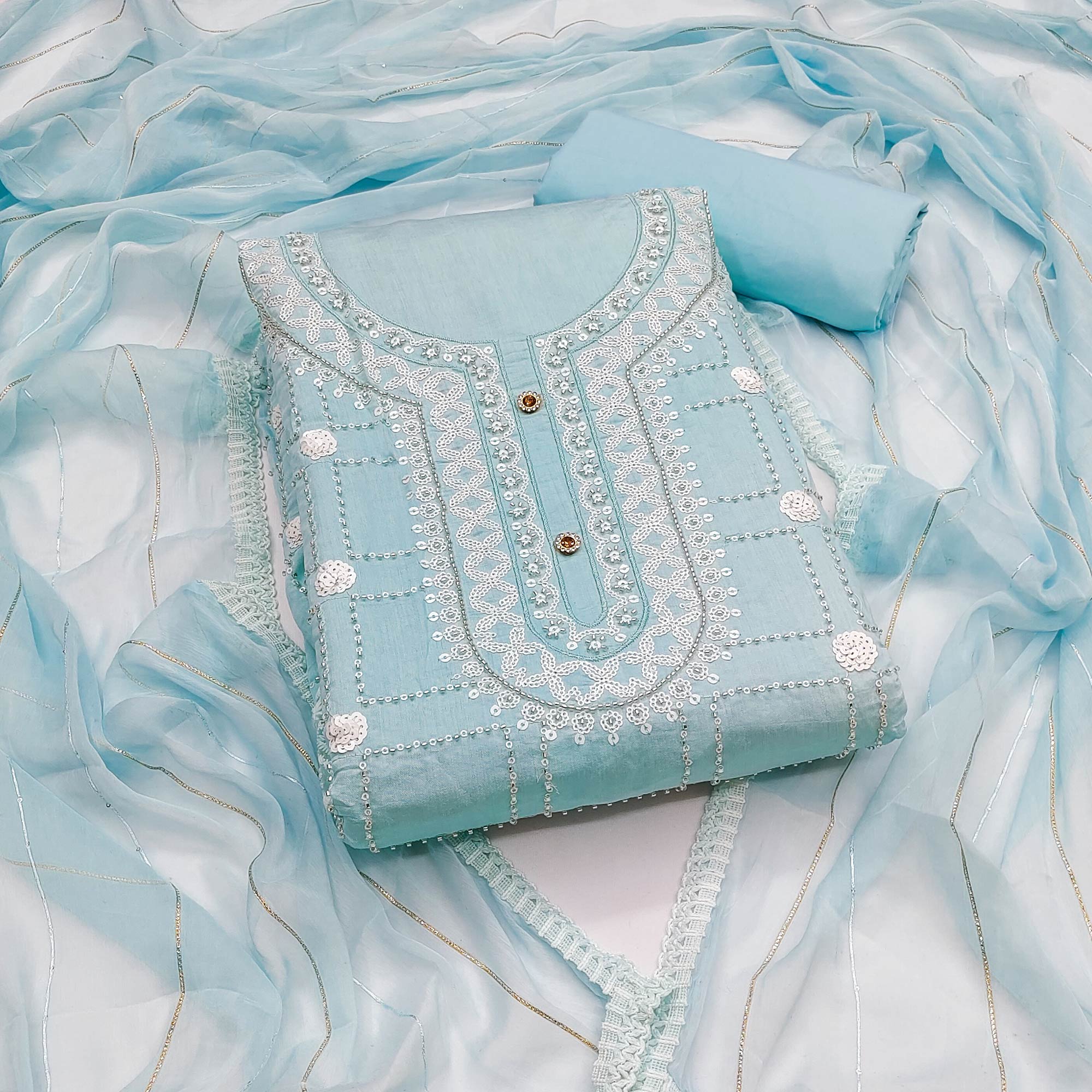 Blue Sequins Embroidery Chanderi Silk Dress Material