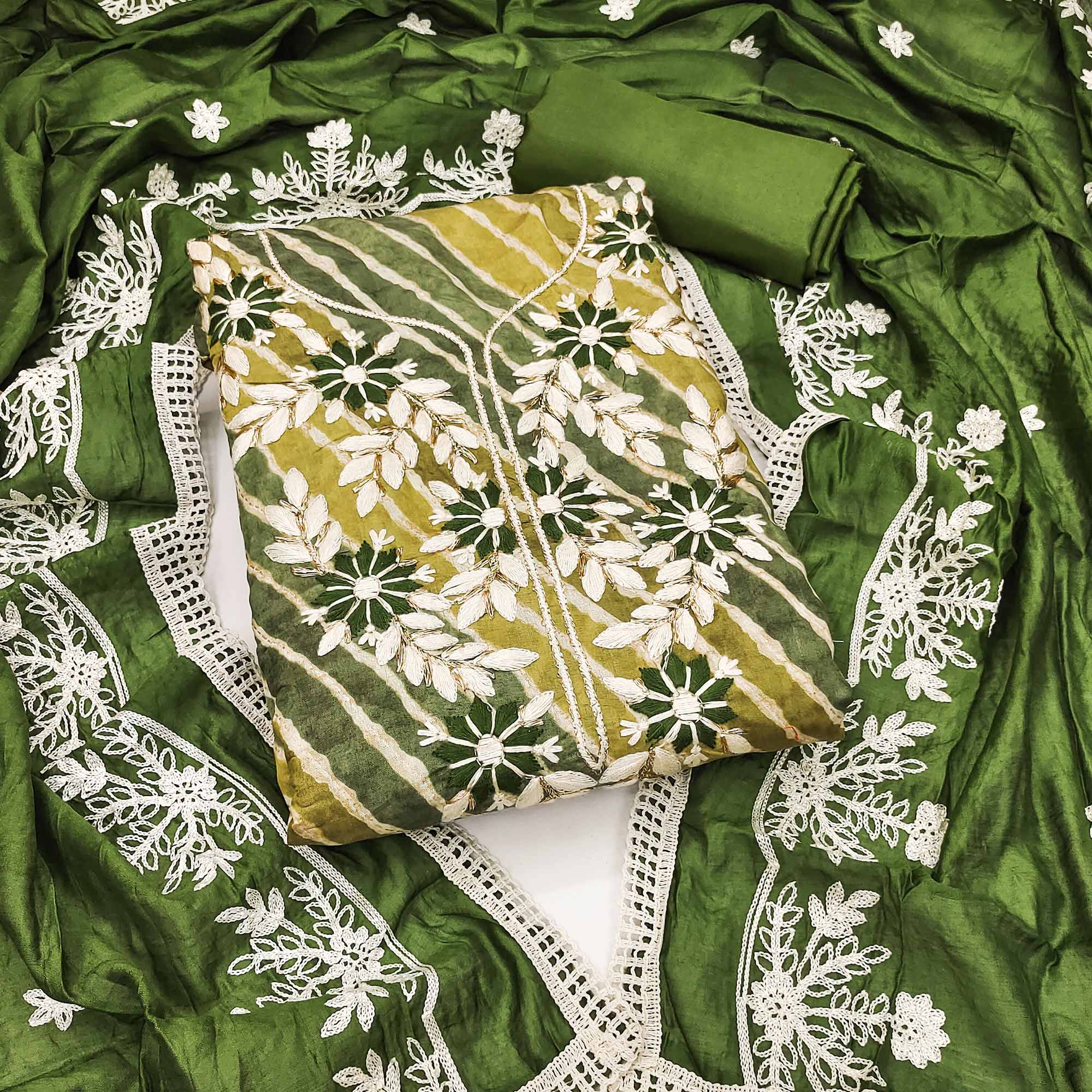 Green Floral Embroidery With Printed Cotton Roman Silk Dress Material