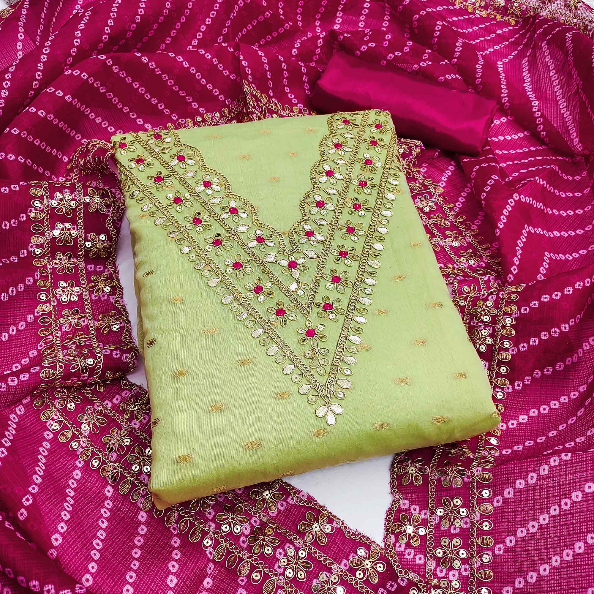 Green Woven With Sequins Embroidered Modal Chanderi Silk Dress Material