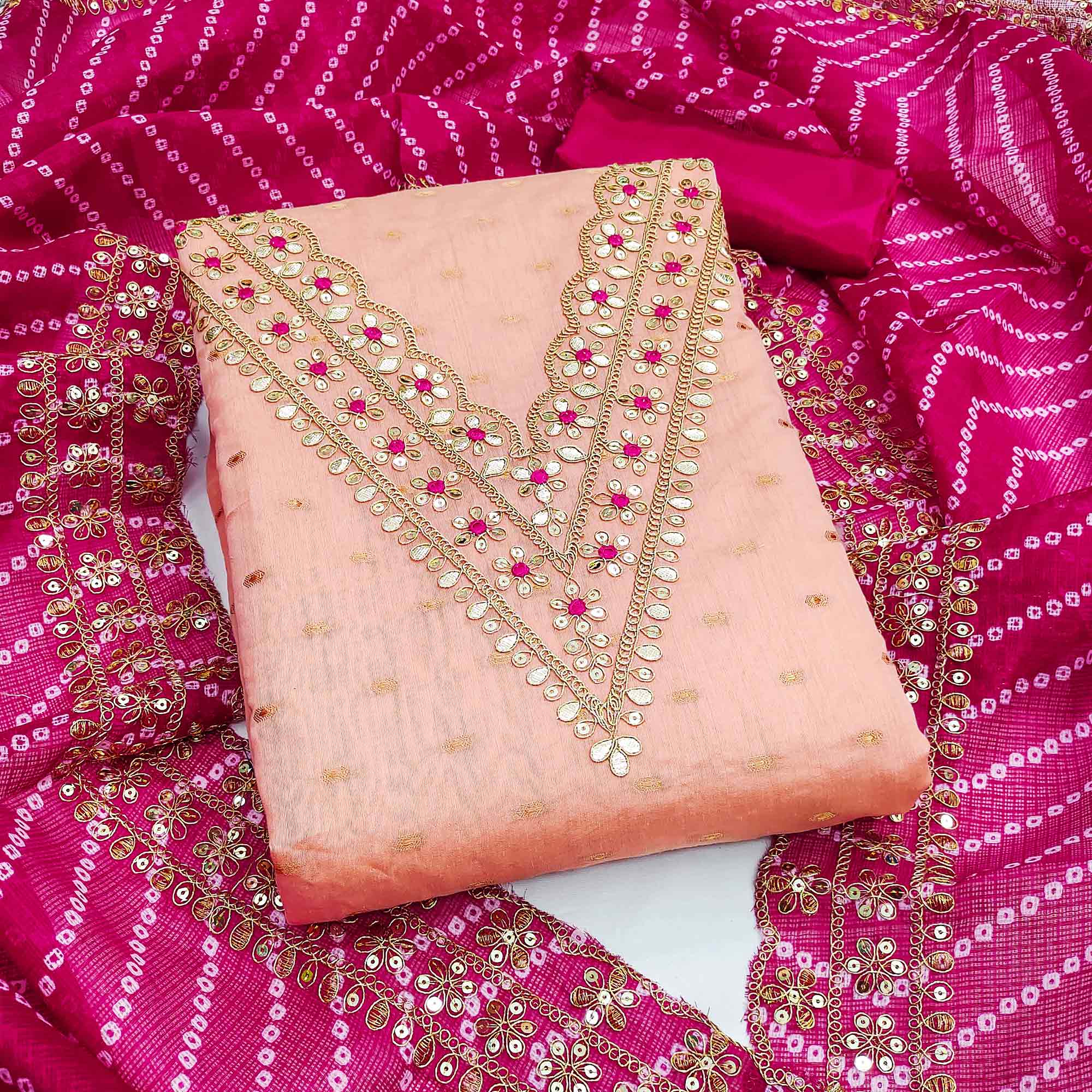 Peach Woven With Sequins Embroidered Modal Chanderi Silk Dress Material