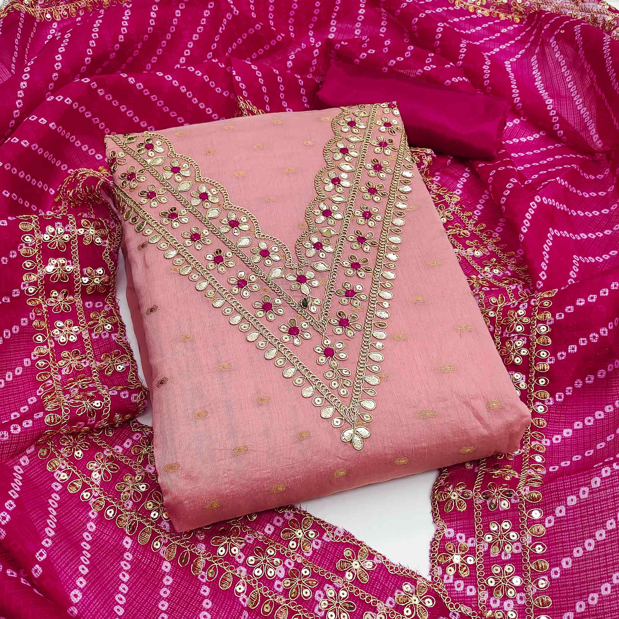 Pink Woven With Sequins Embroidered Modal Chanderi Silk Dress Material