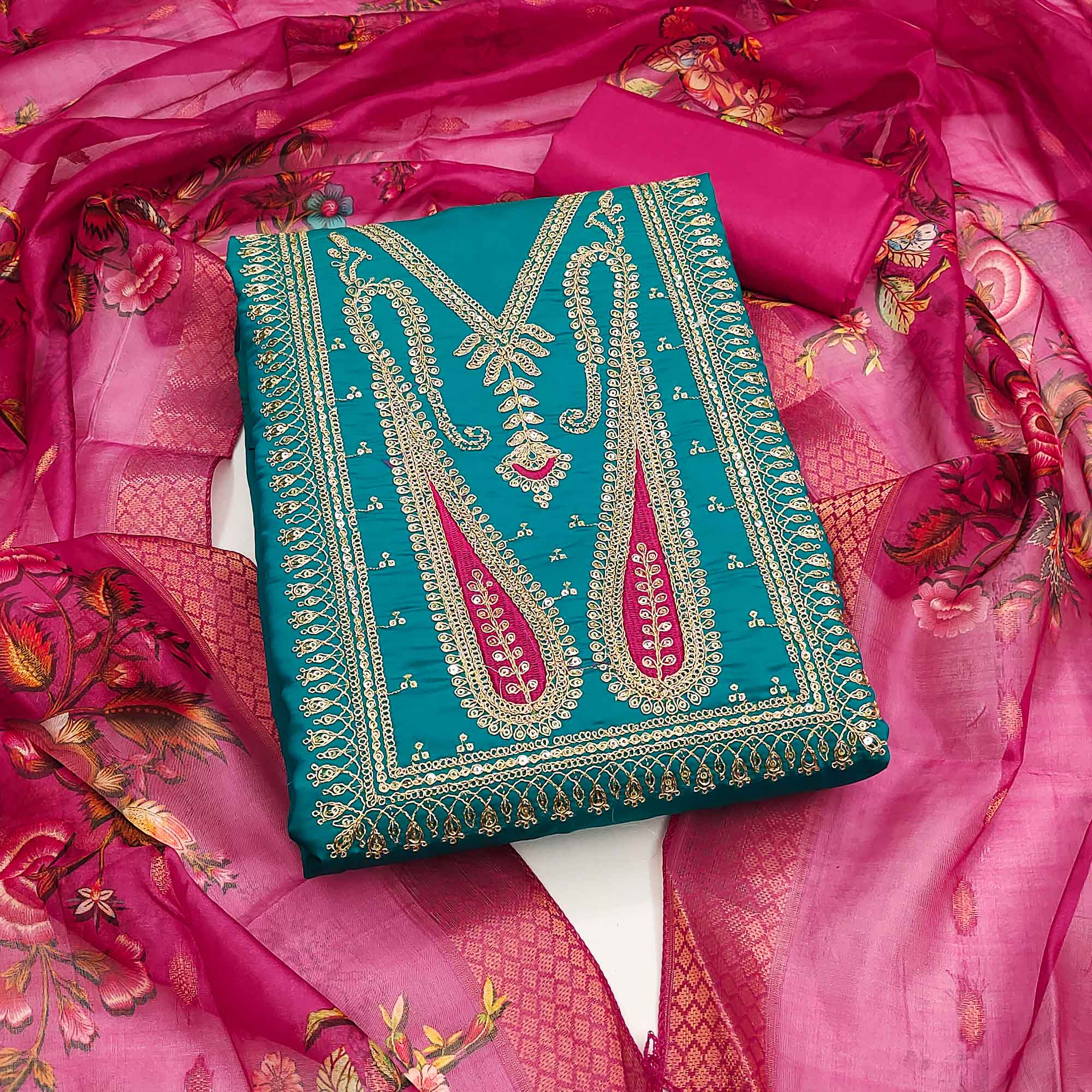 Rama Blue Floral Sequins Embroidered Roman Cotton Silk Dress Material