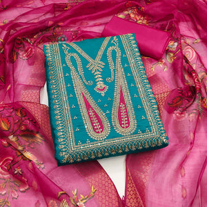 Rama Blue Floral Sequins Embroidered Roman Cotton Silk Dress Material