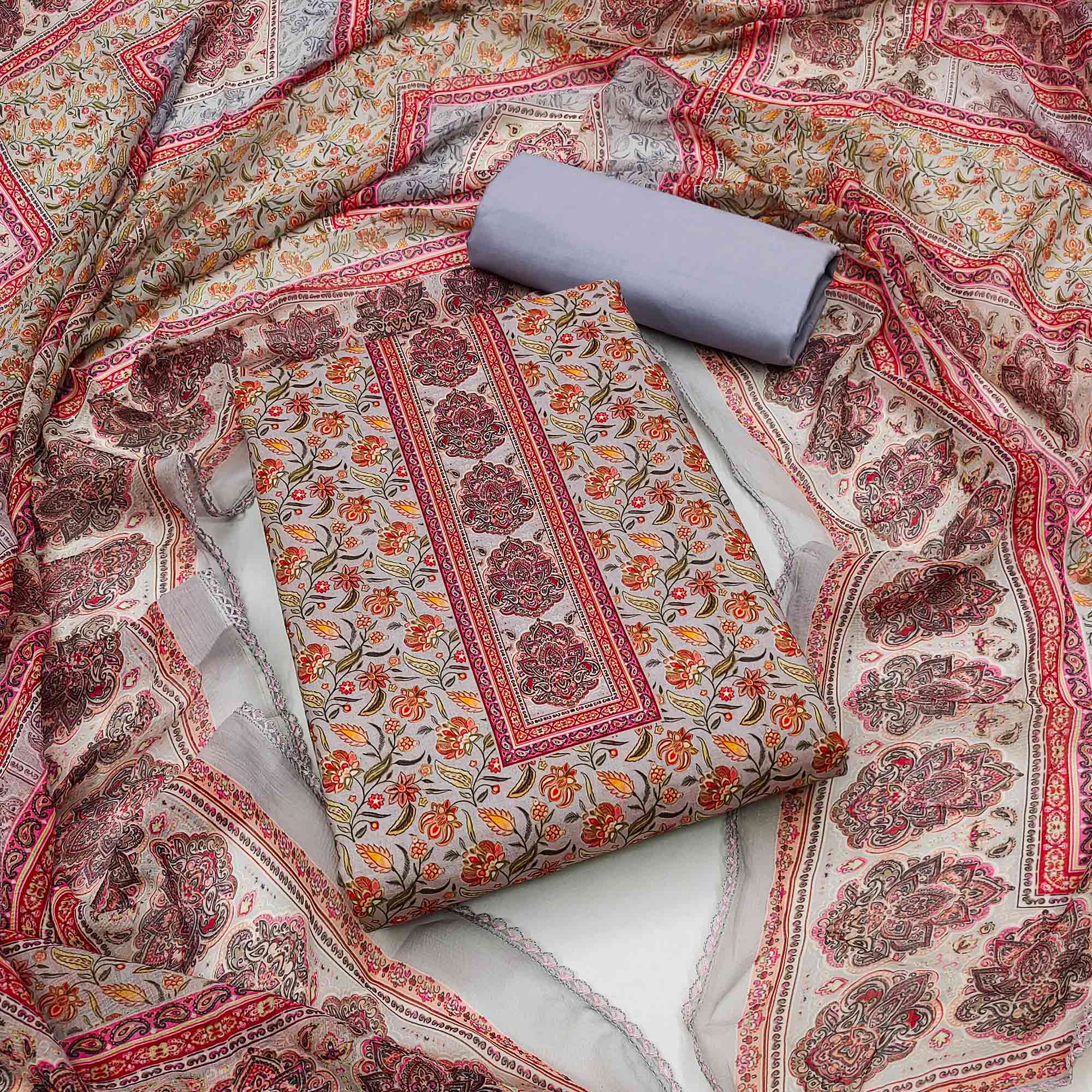 Grey Floral Digital Printed Cotton Blend Dress Material