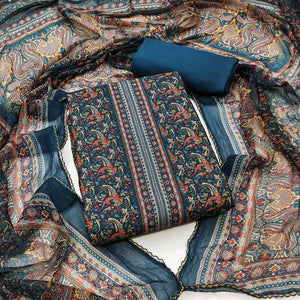 Blue Floral Digital Printed Cotton Blend Dress Material