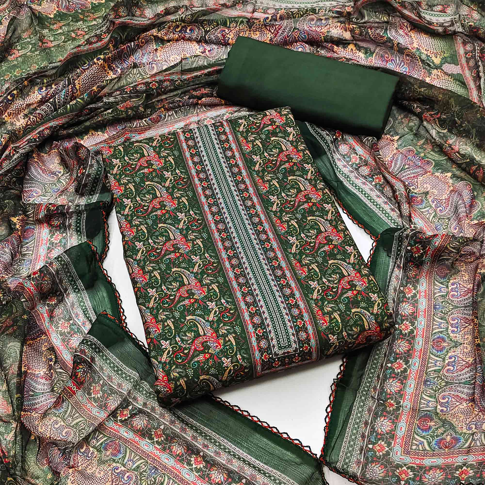 Green Floral Digital Printed Cotton Blend Dress Material