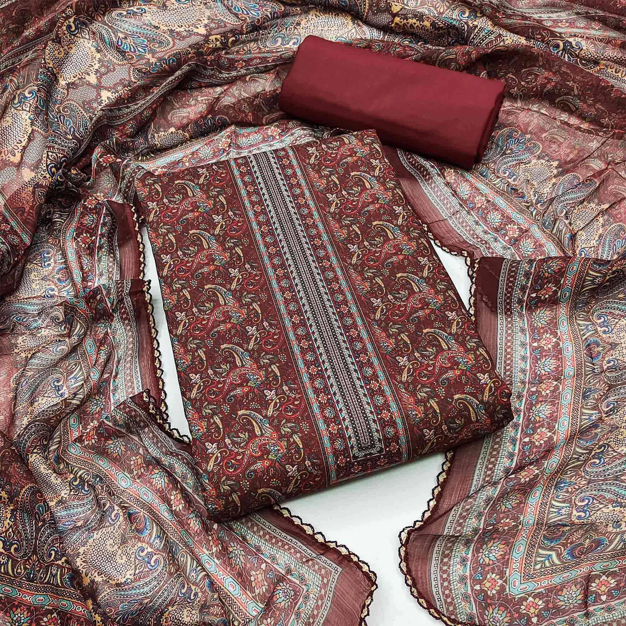 Rust Floral Digital Printed Cotton Blend Dress Material
