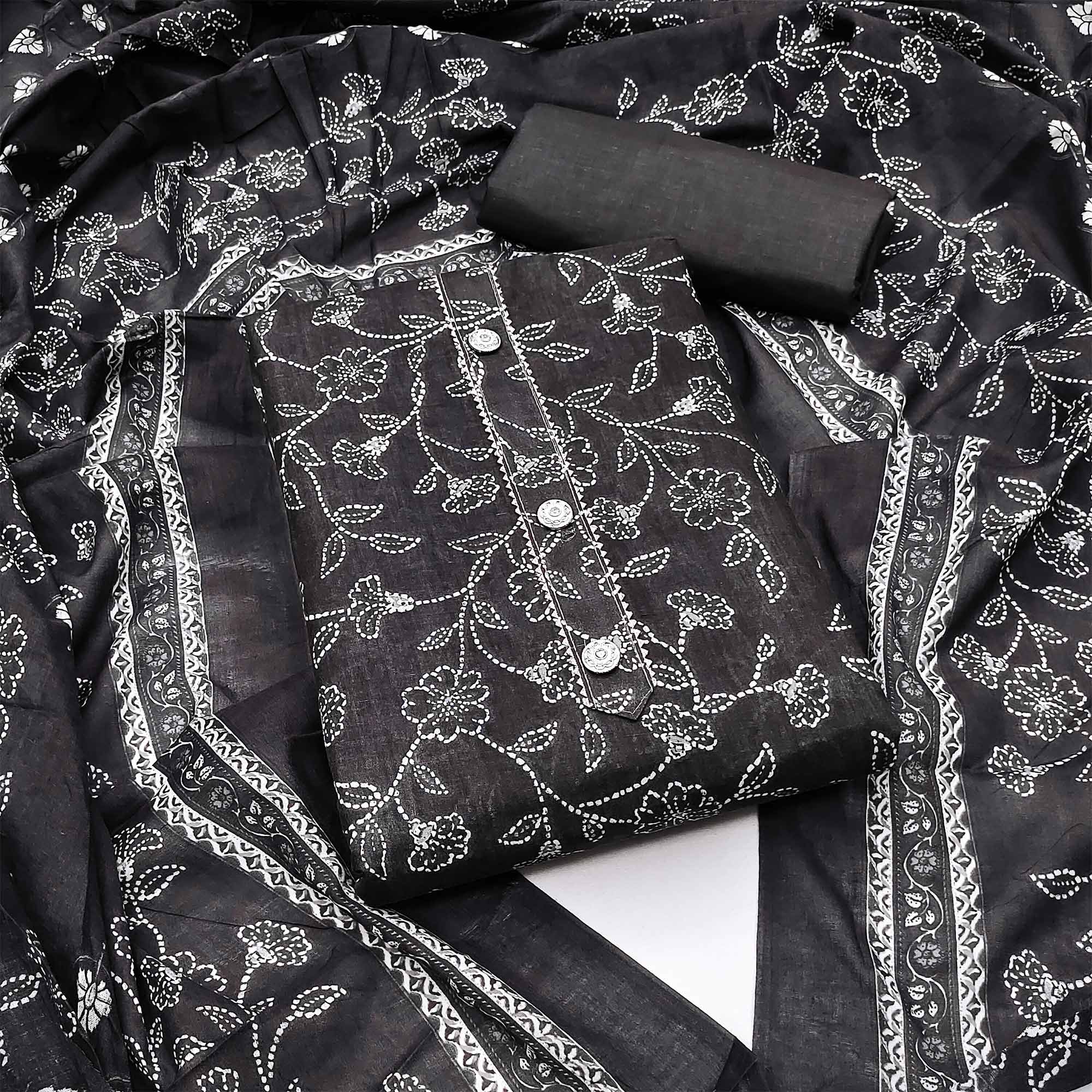 Black Floral Printed Cotton Blend Dress Material