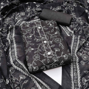 Black Floral Printed Cotton Blend Dress Material