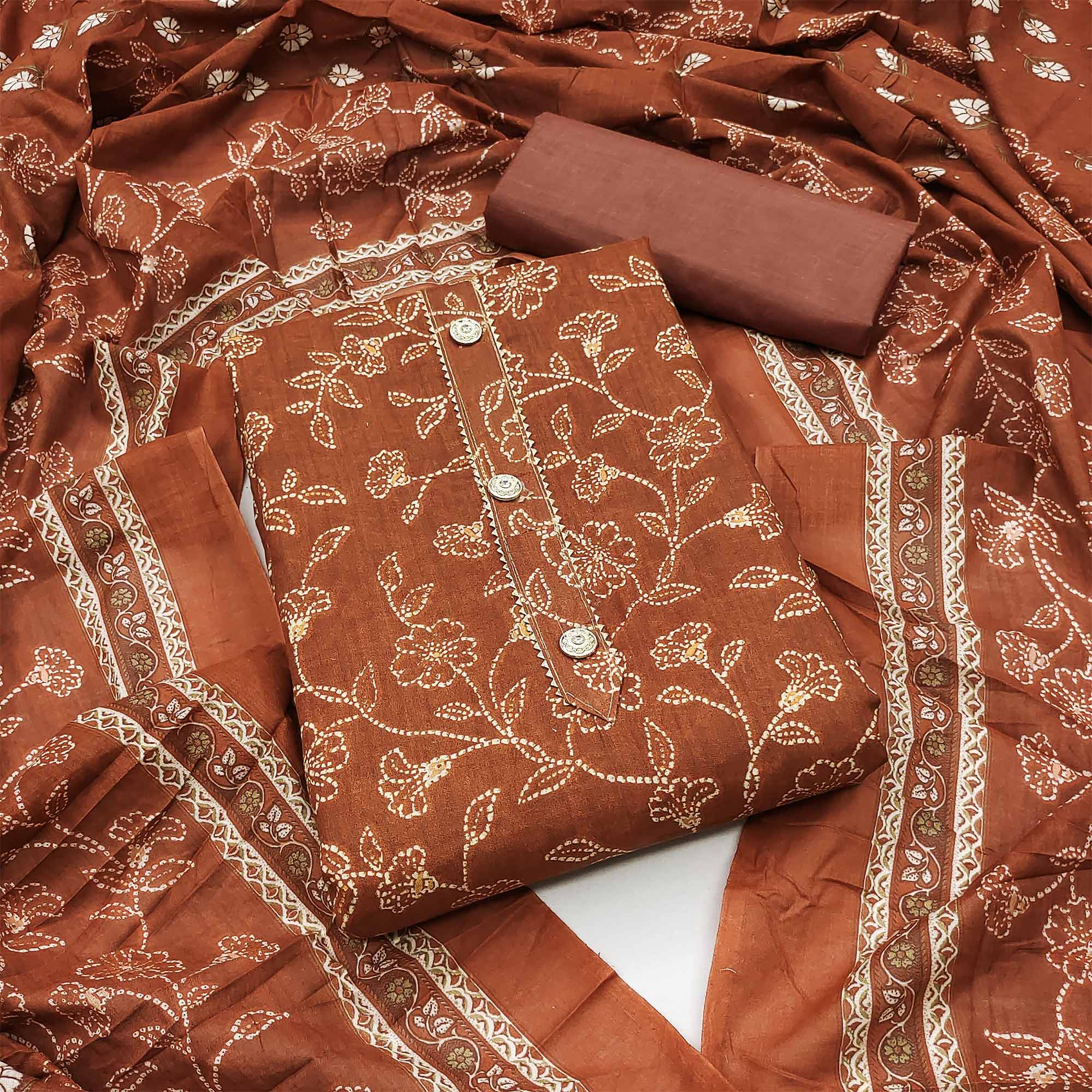 Rust Floral Printed Cotton Blend Dress Material