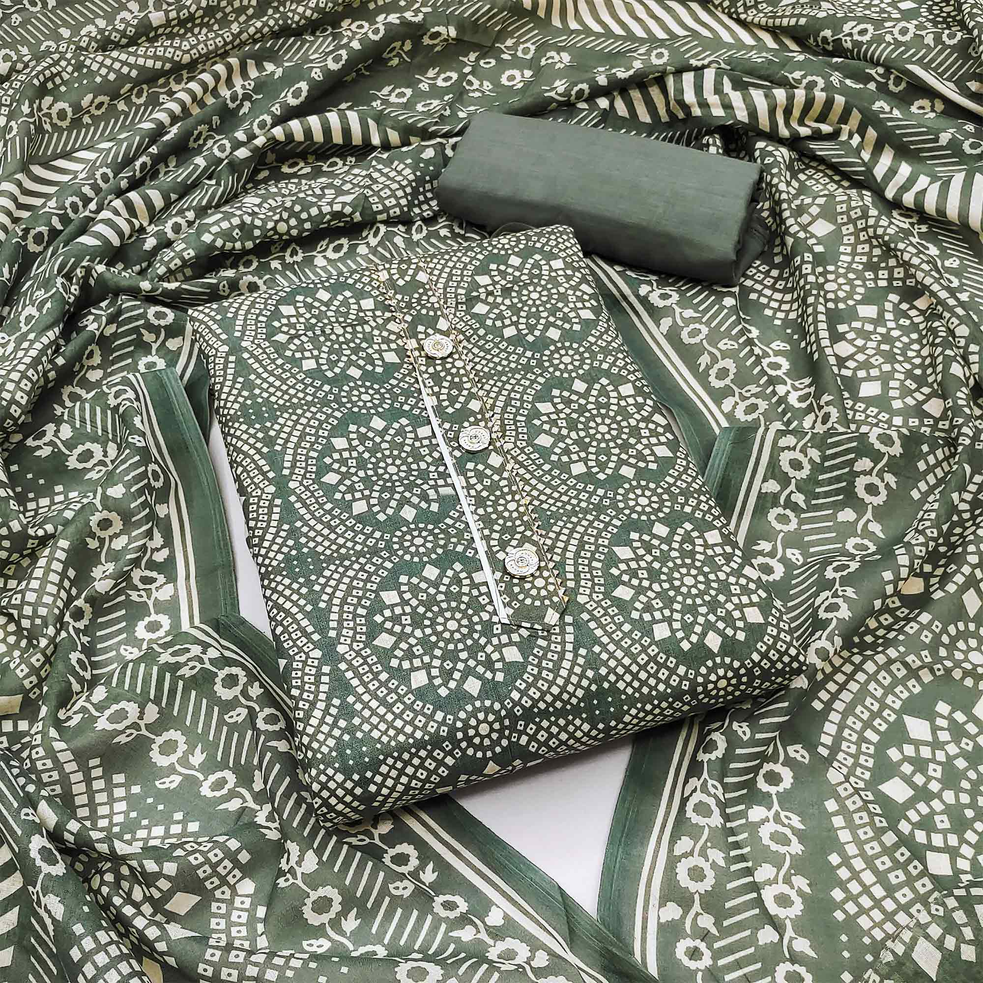 Green Printed Cotton Blend Dress Material