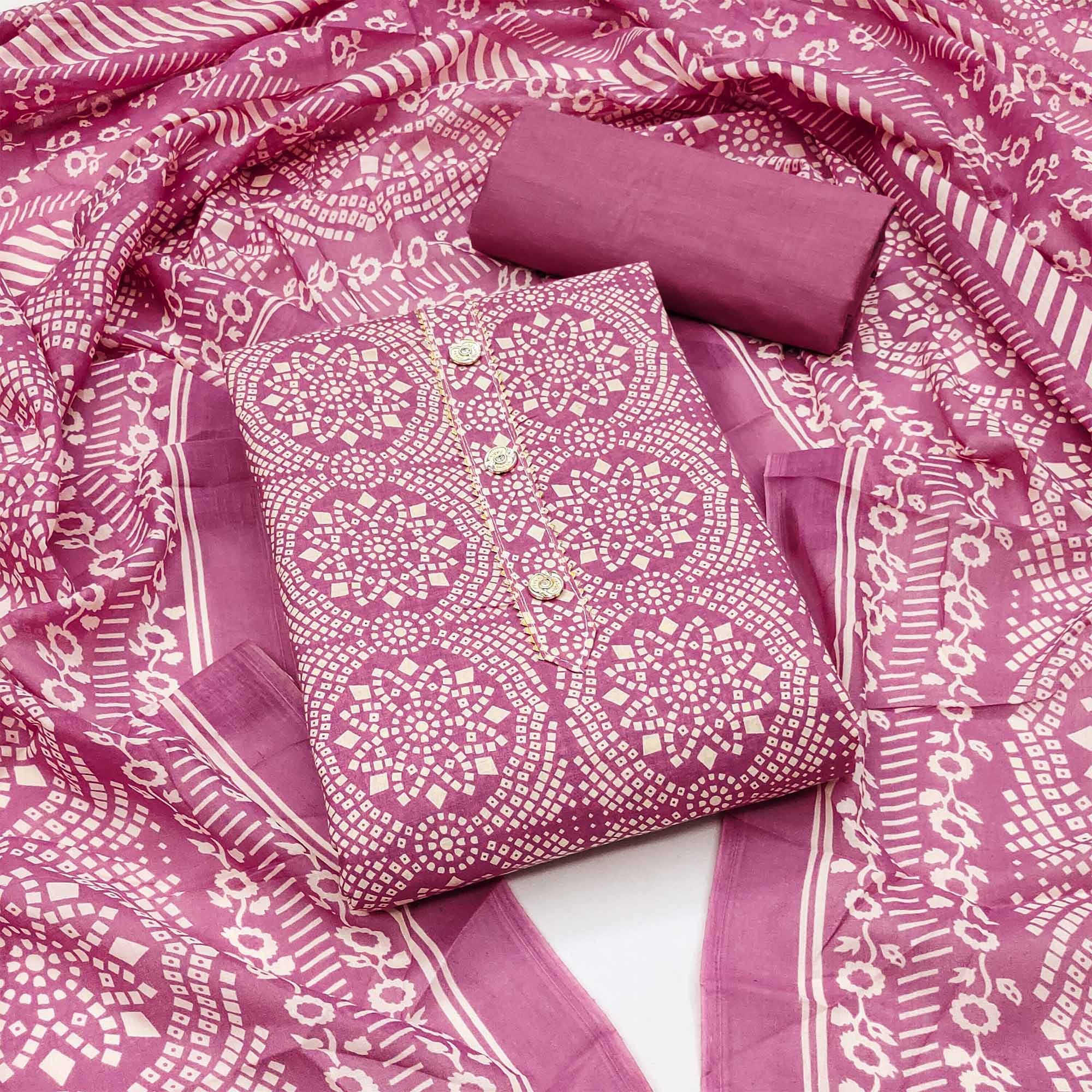 Pink Printed Cotton Blend Dress Material