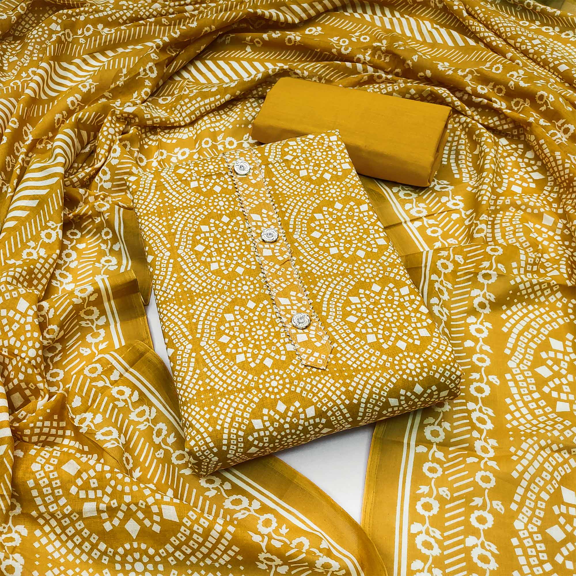 Yellow Printed Cotton Blend Dress Material