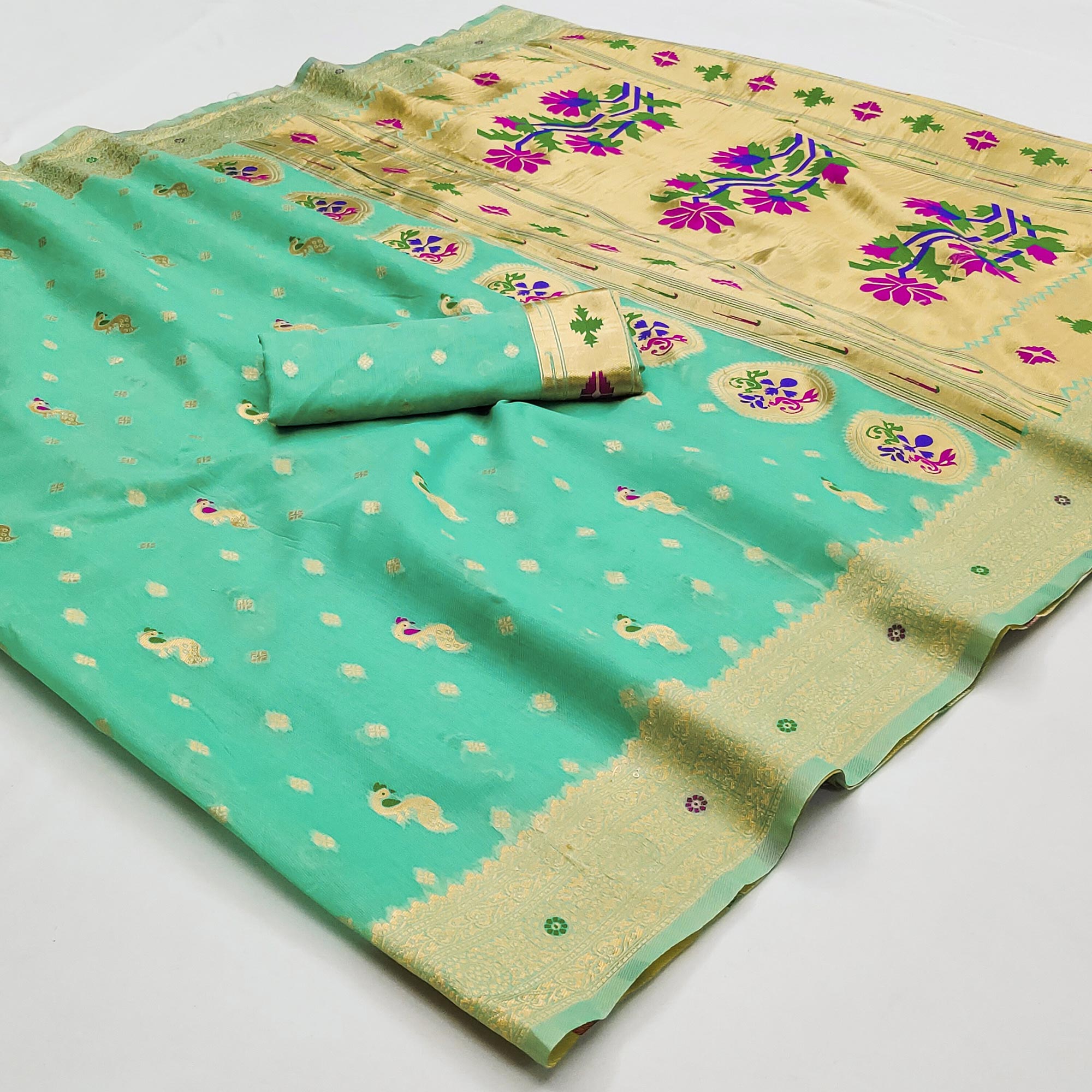 Turquoise Woven Pure Cotton Paithani Saree