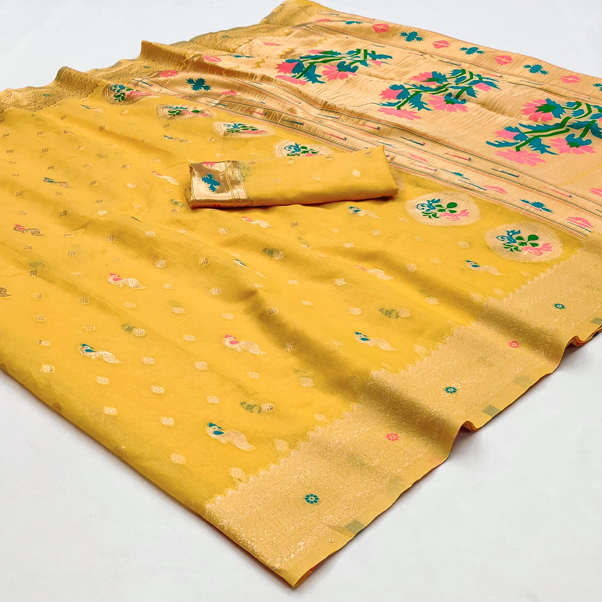 Yellow Woven Pure Cotton Paithani Saree