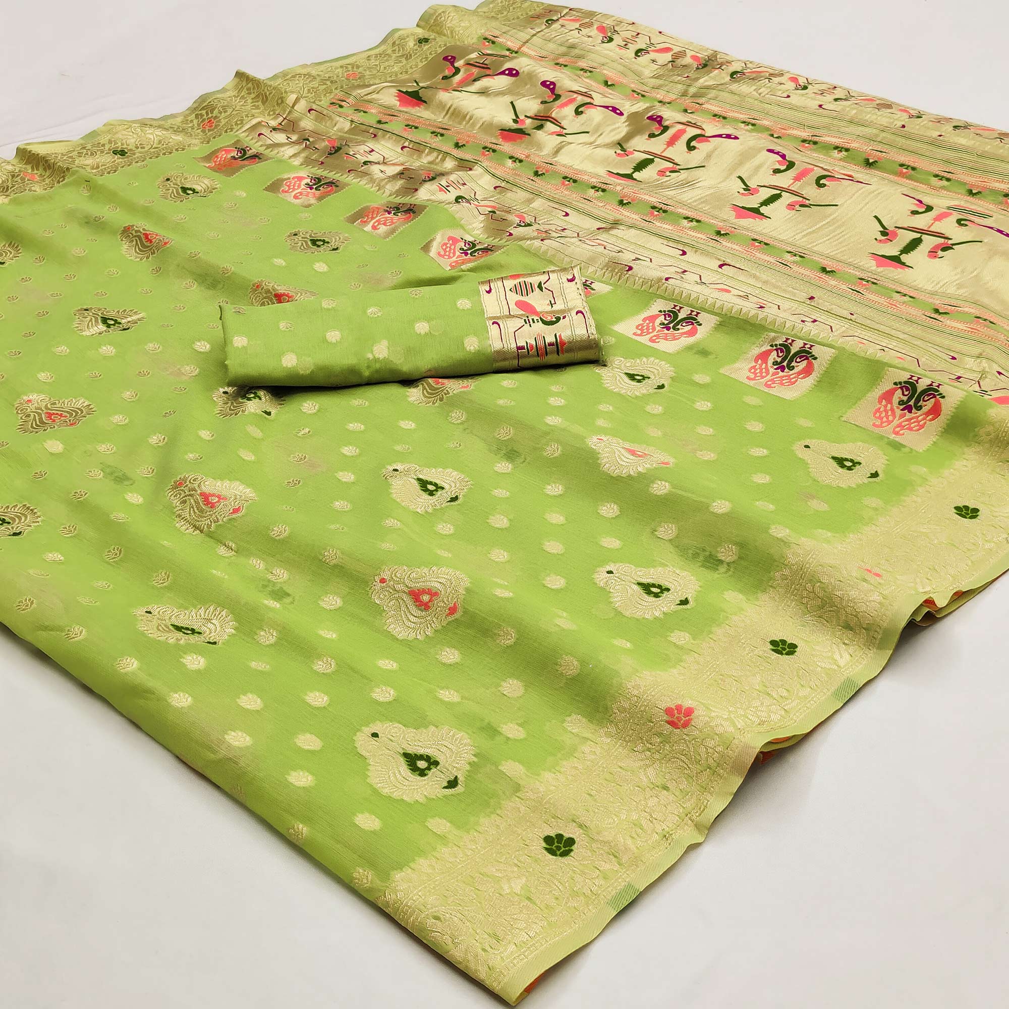 Green Woven Cotton Silk Paithani Saree