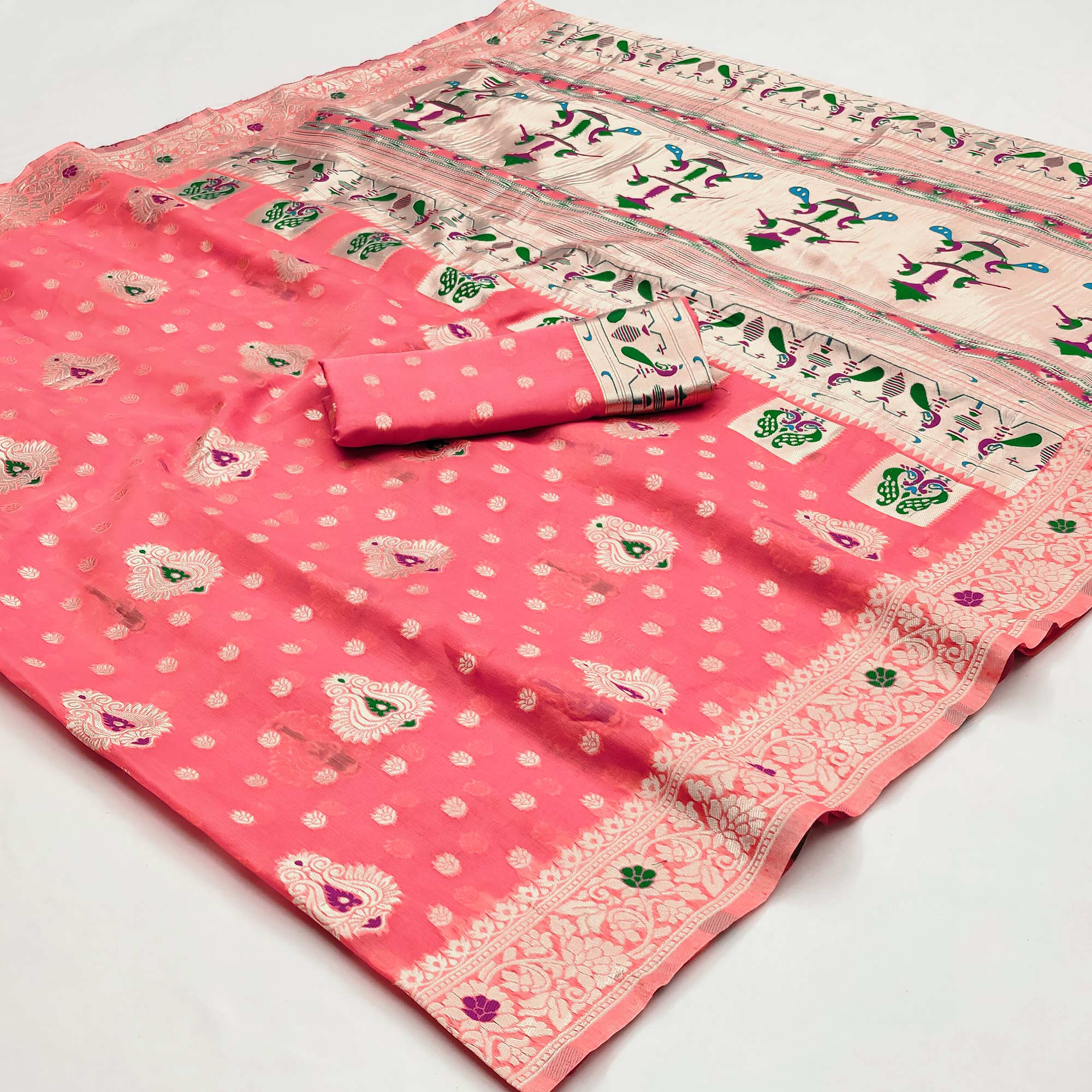 Peach Woven Cotton Silk Paithani Saree