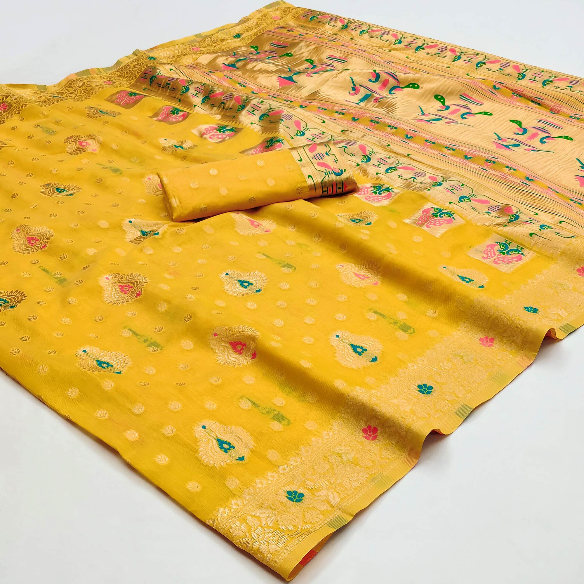 Yellow Woven Cotton Silk Paithani Saree