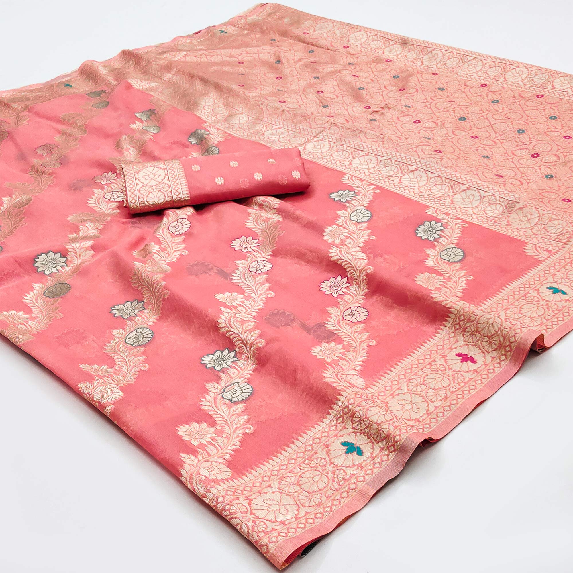 Pink Floral Woven Cotton Silk Saree