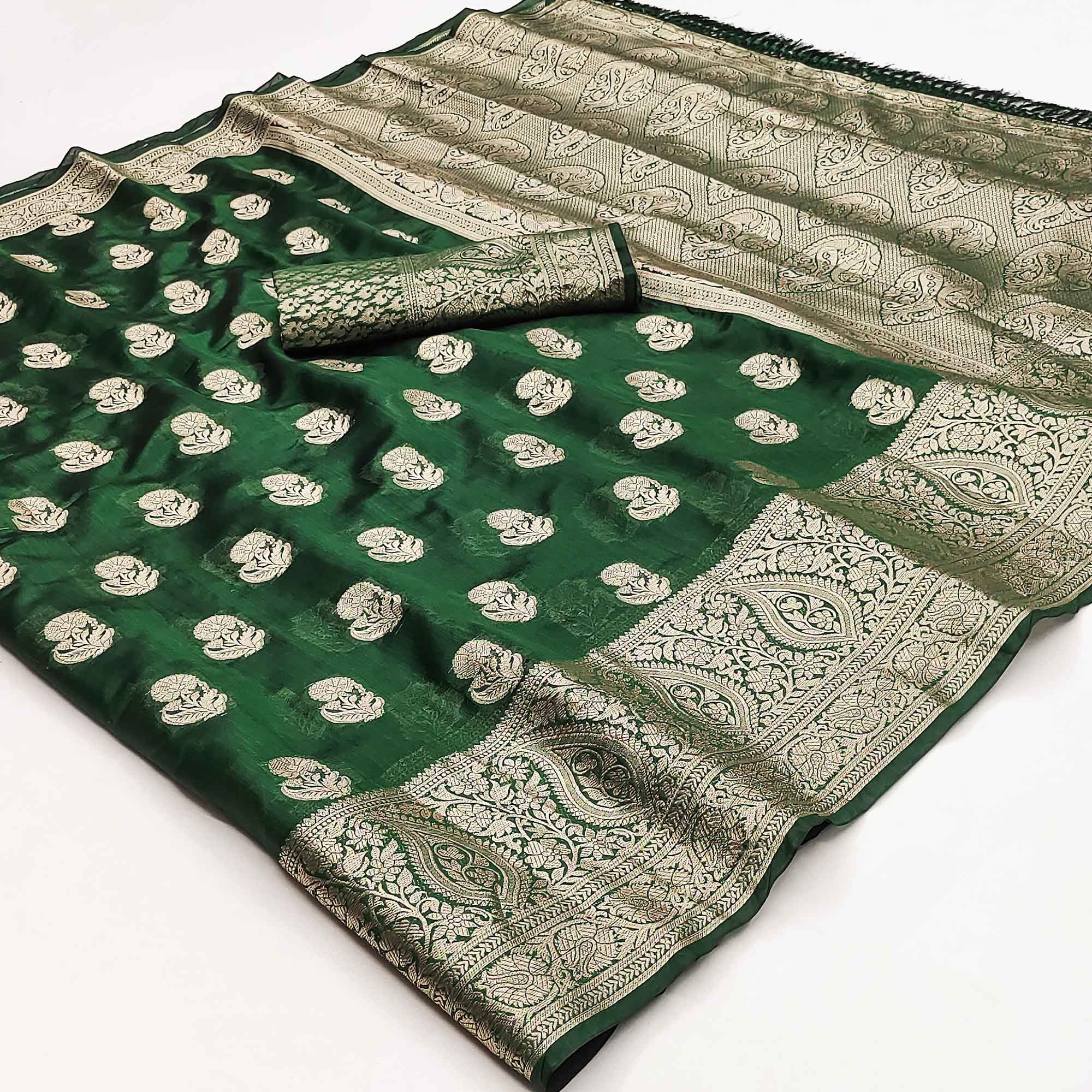 Green Floral Woven Organza Saree With Tassels