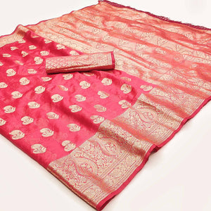 Gajri Pink Floral Woven Organza Saree With Tassels