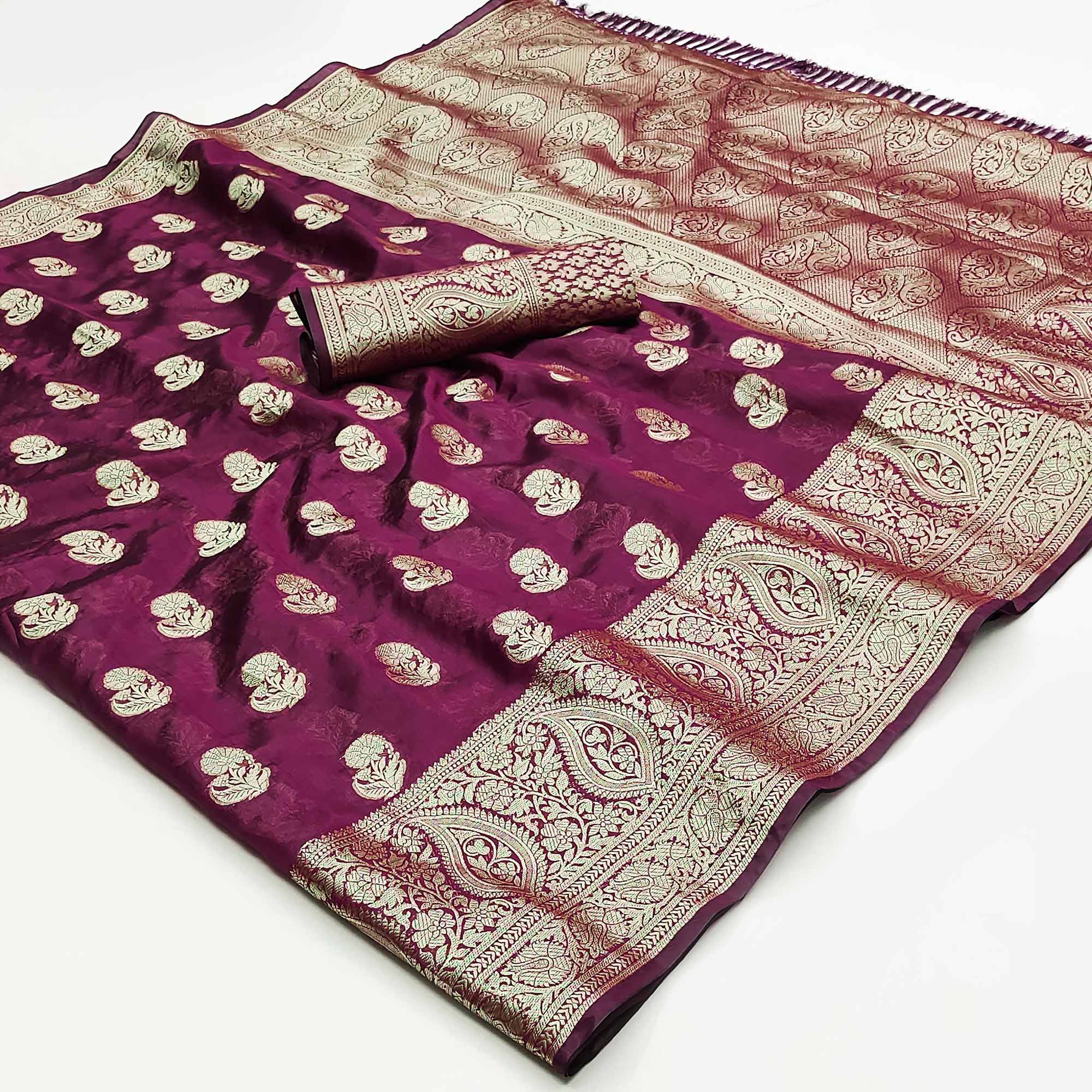 Wine Floral Woven Organza Saree With Tassels