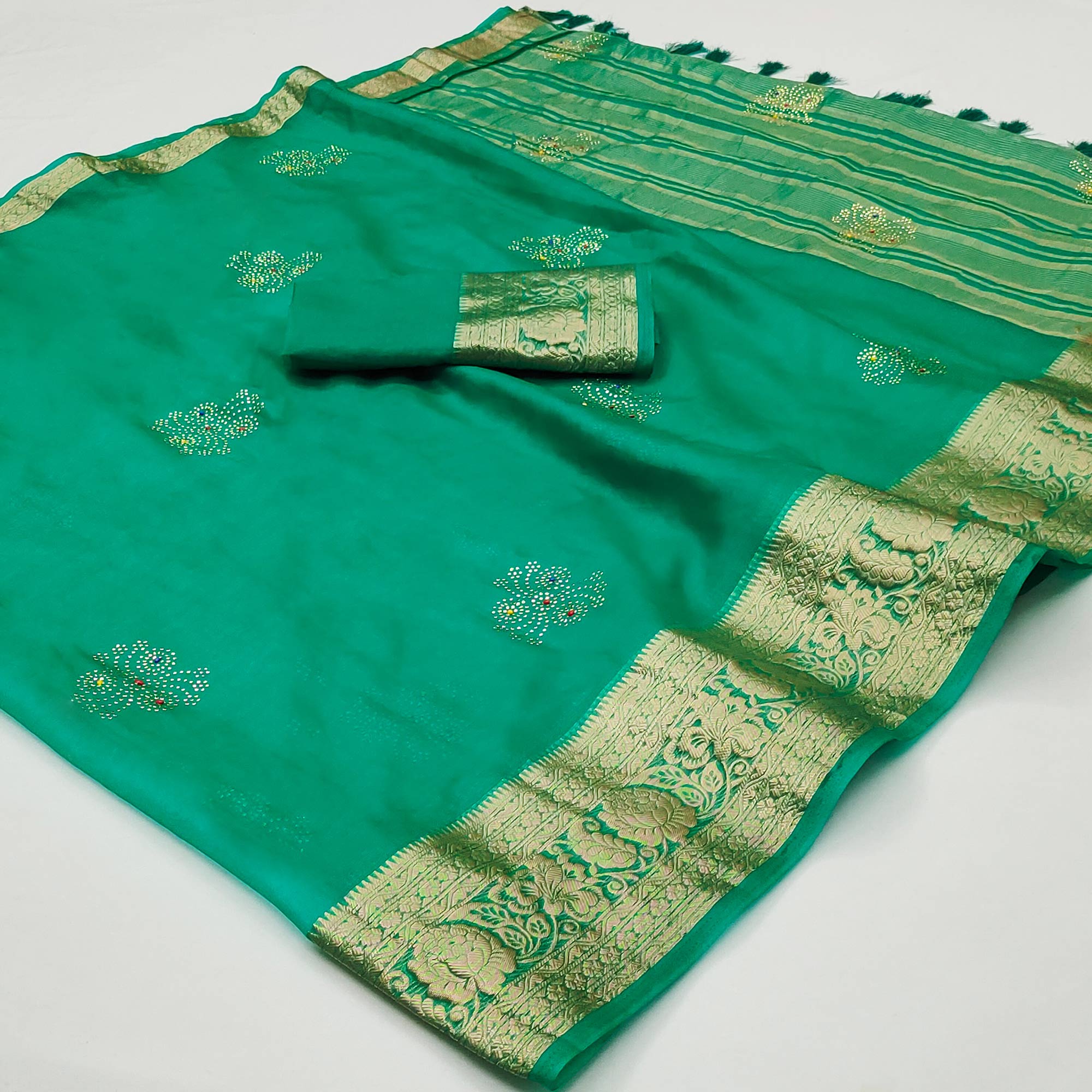 Green Woven With Swarovski Work Organza Saree