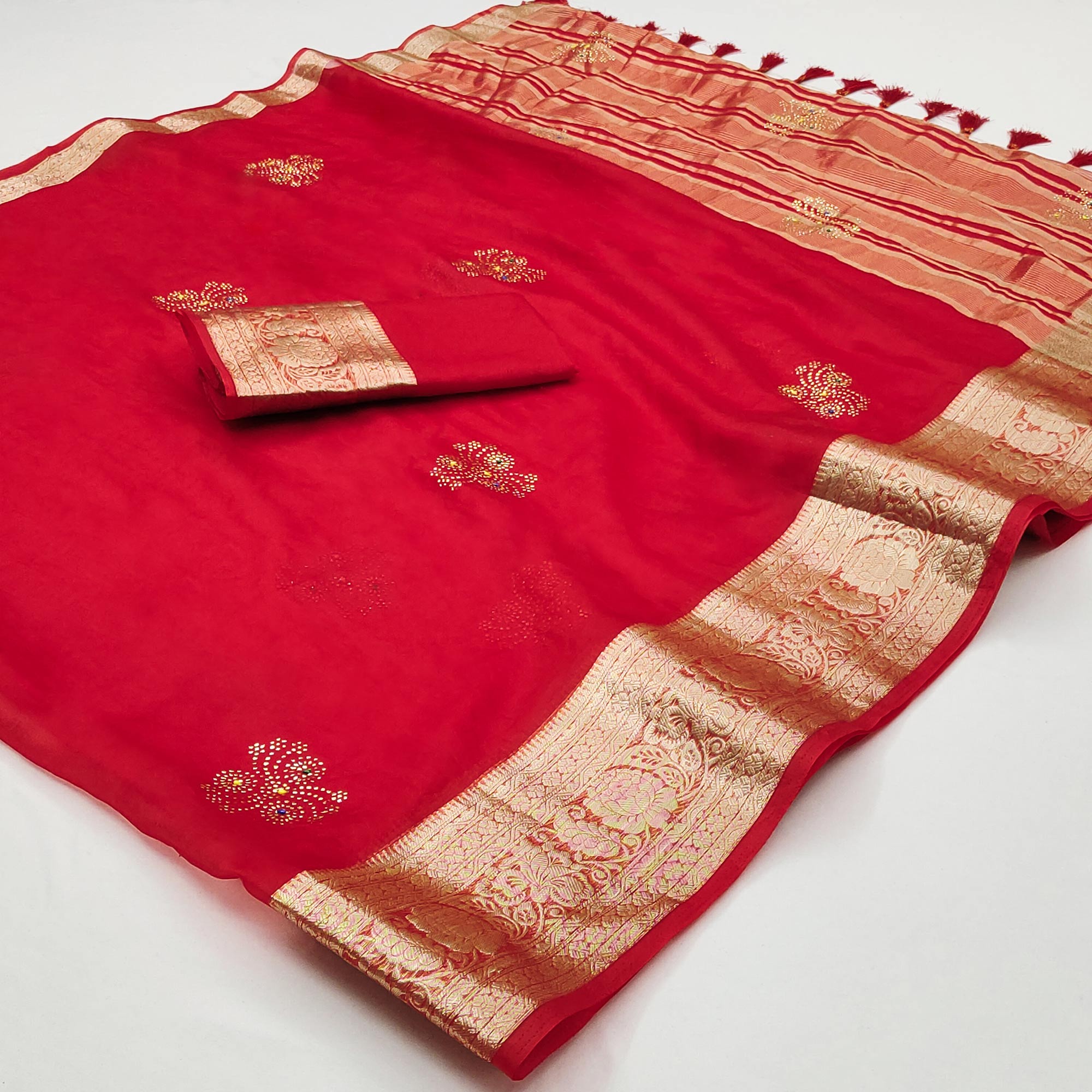 Red Woven With Swarovski Work Organza Saree