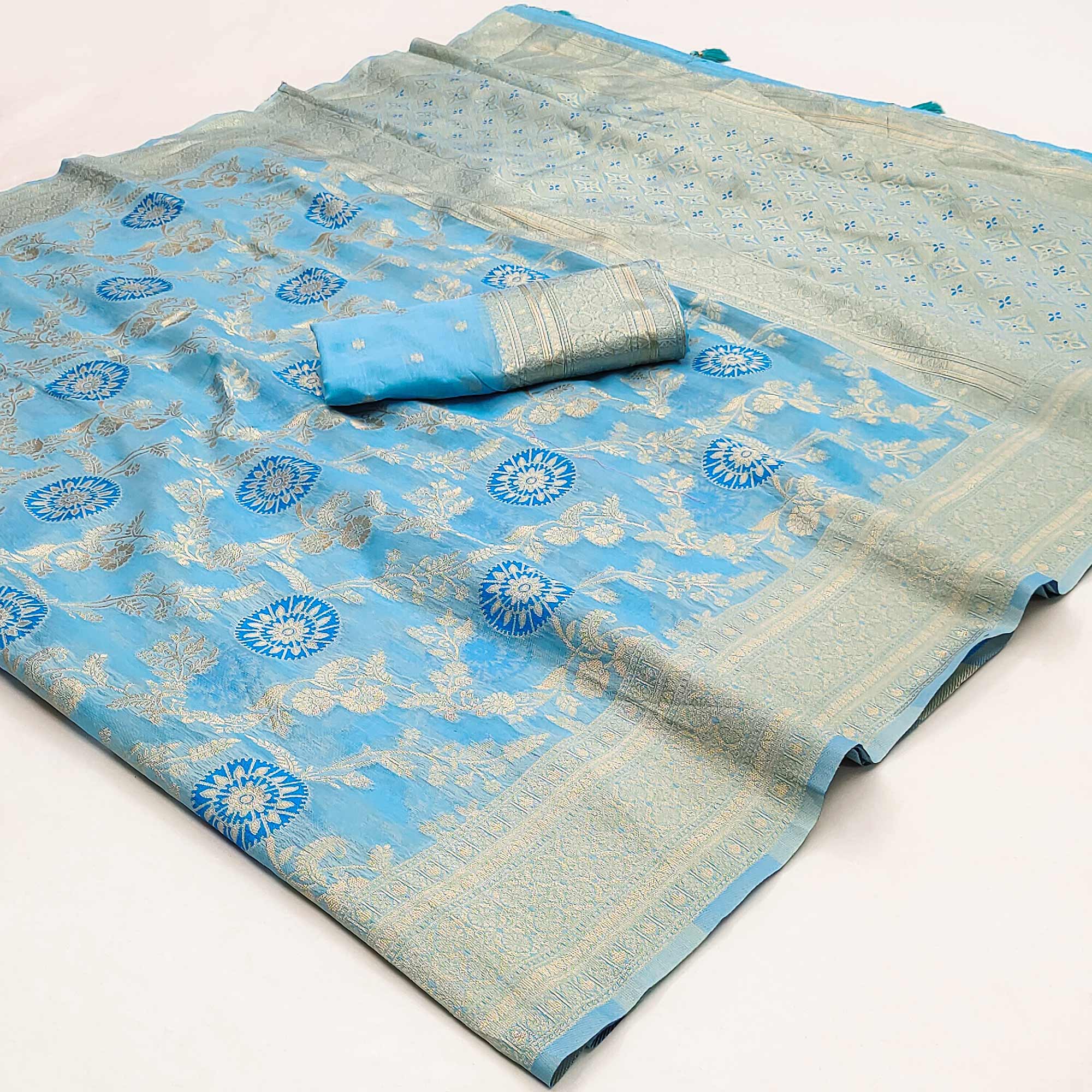 Blue Floral Woven Jacquard Saree With Tassels