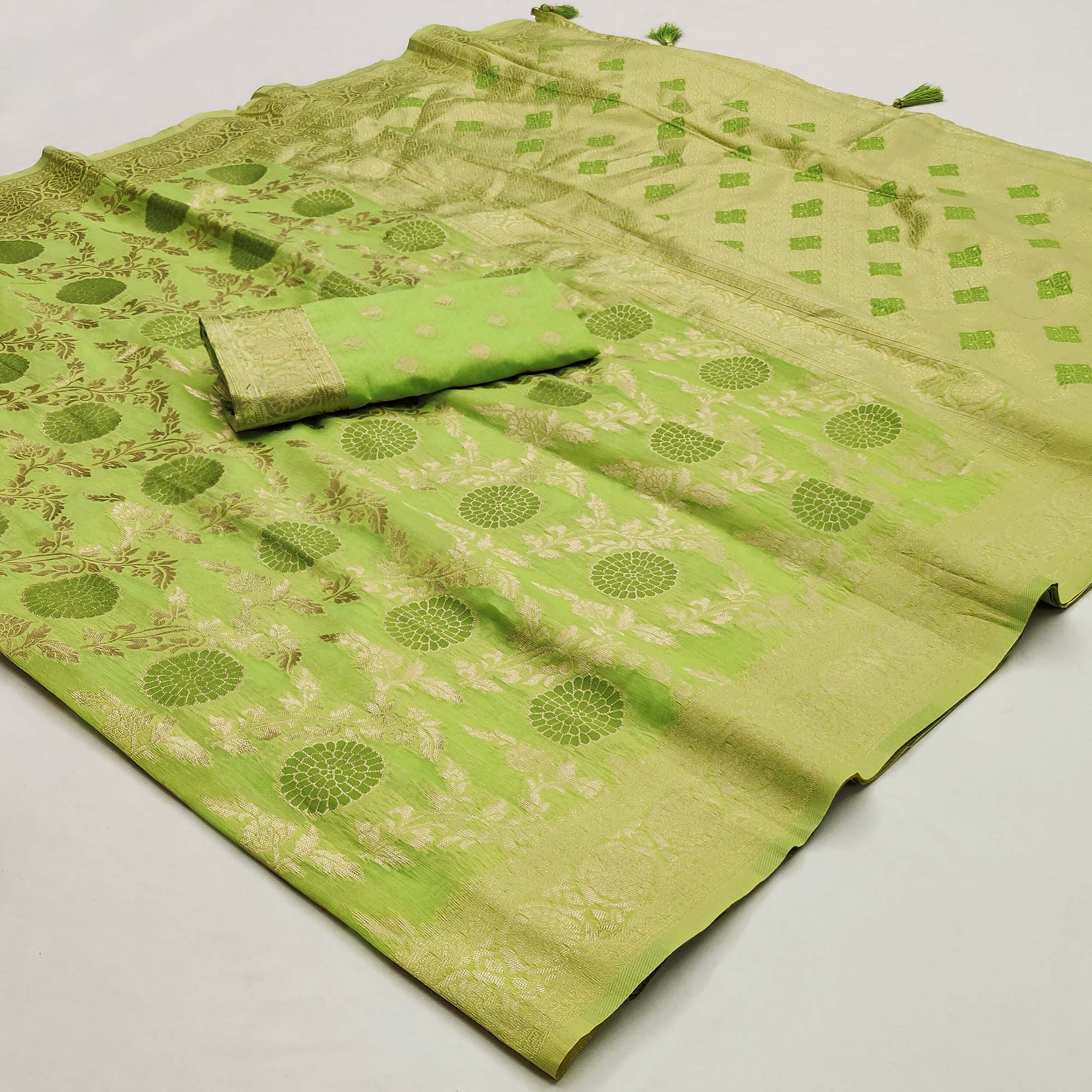 Green Floral Woven Jacquard Saree With Tassels