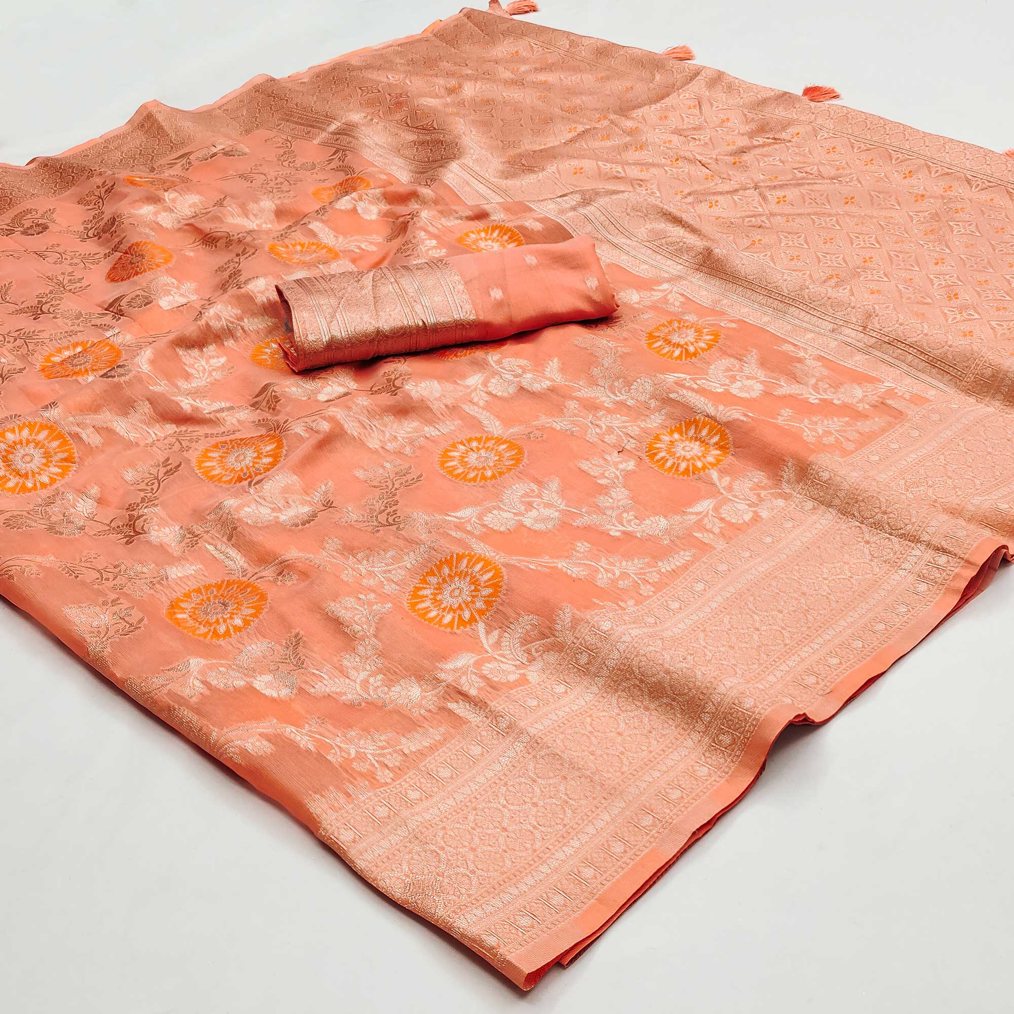 Orange Floral Woven Jacquard Saree With Tassels