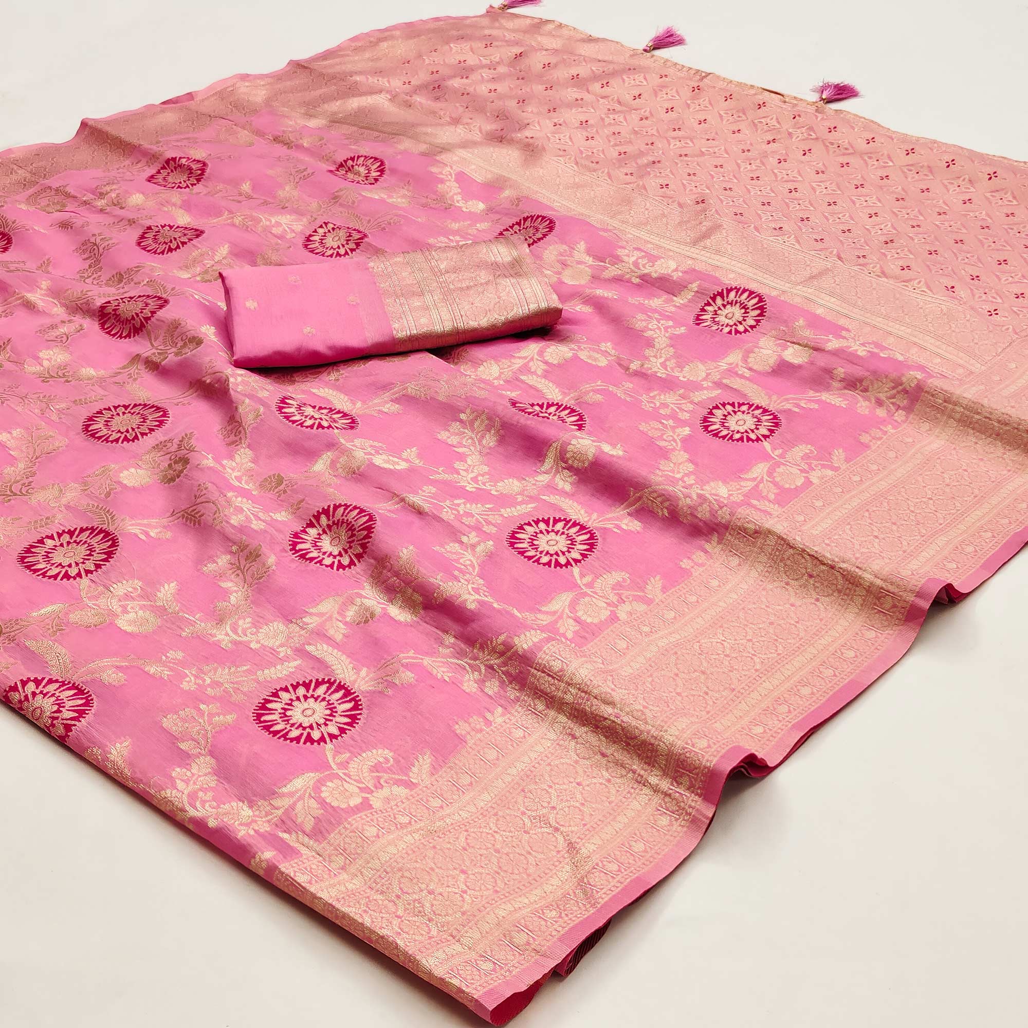 Pink Floral Woven Jacquard Saree With Tassels