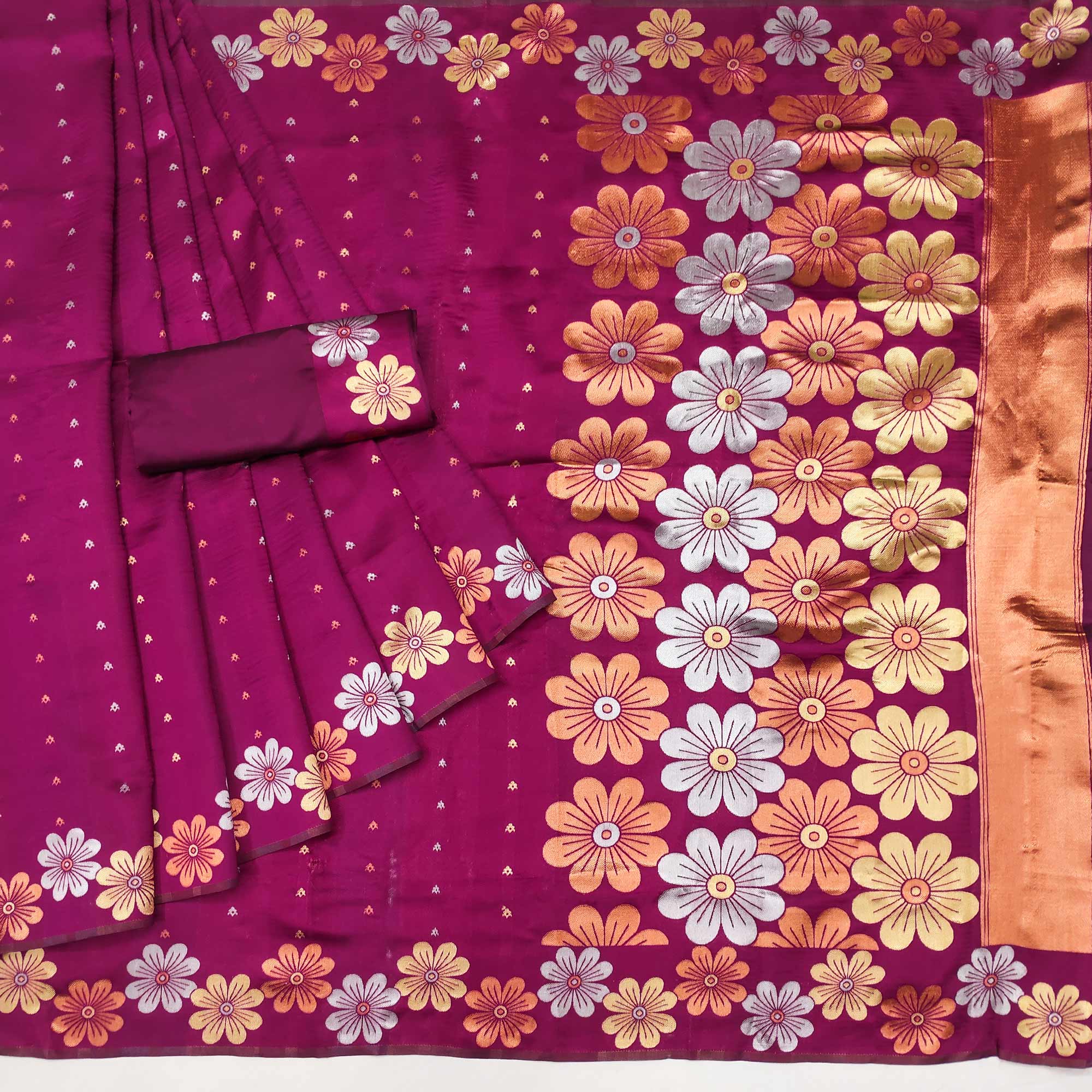 Magenta Floral Zari Woven Cotton Silk Saree