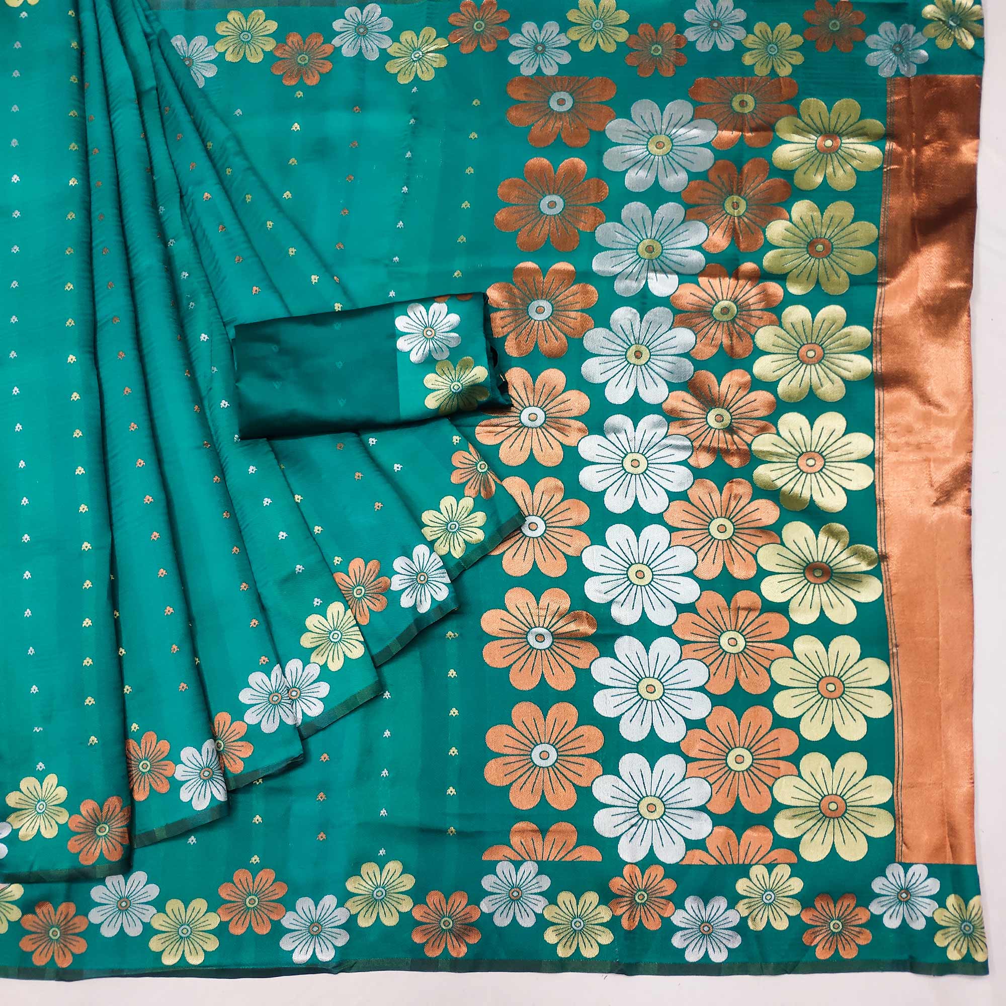 Teal Floral Zari Woven Cotton Silk Saree