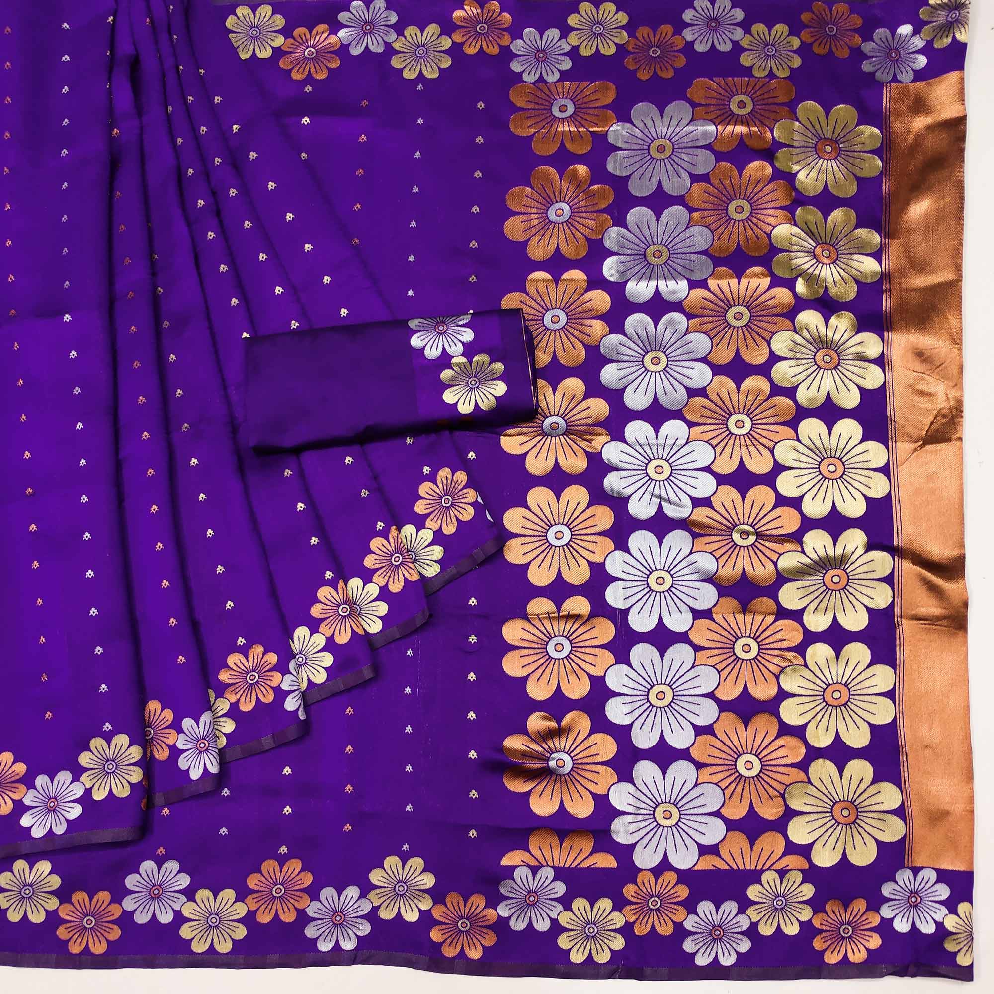 Violet Floral Zari Woven Cotton Silk Saree