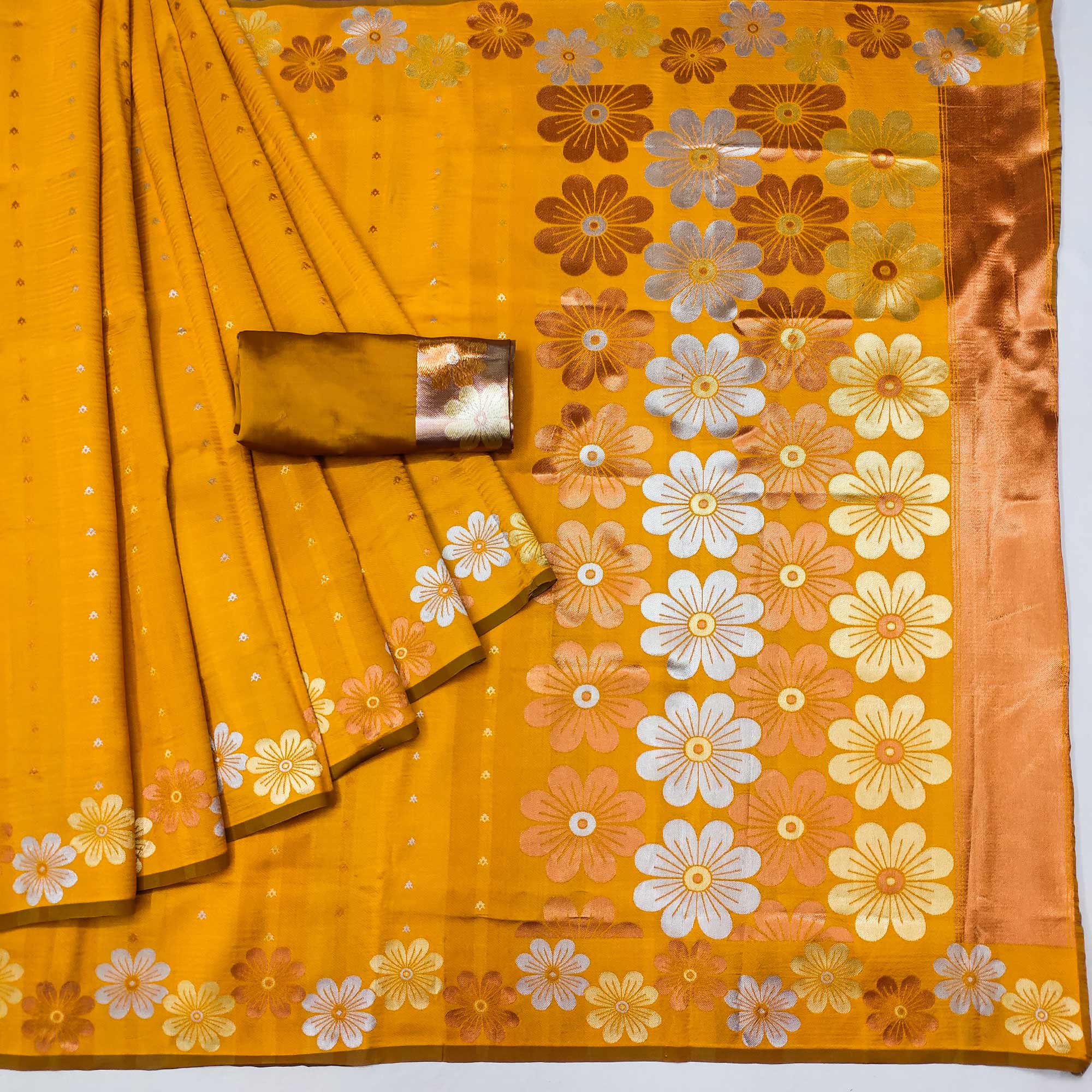 Yellow Floral Zari Woven Cotton Silk Saree